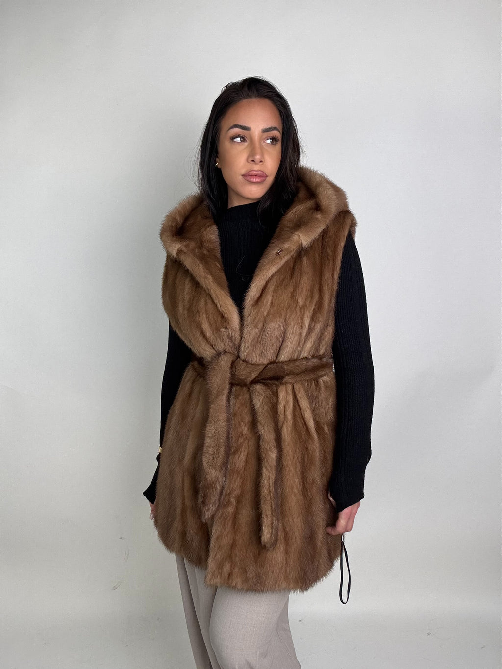 Mink jacket with belt and hood