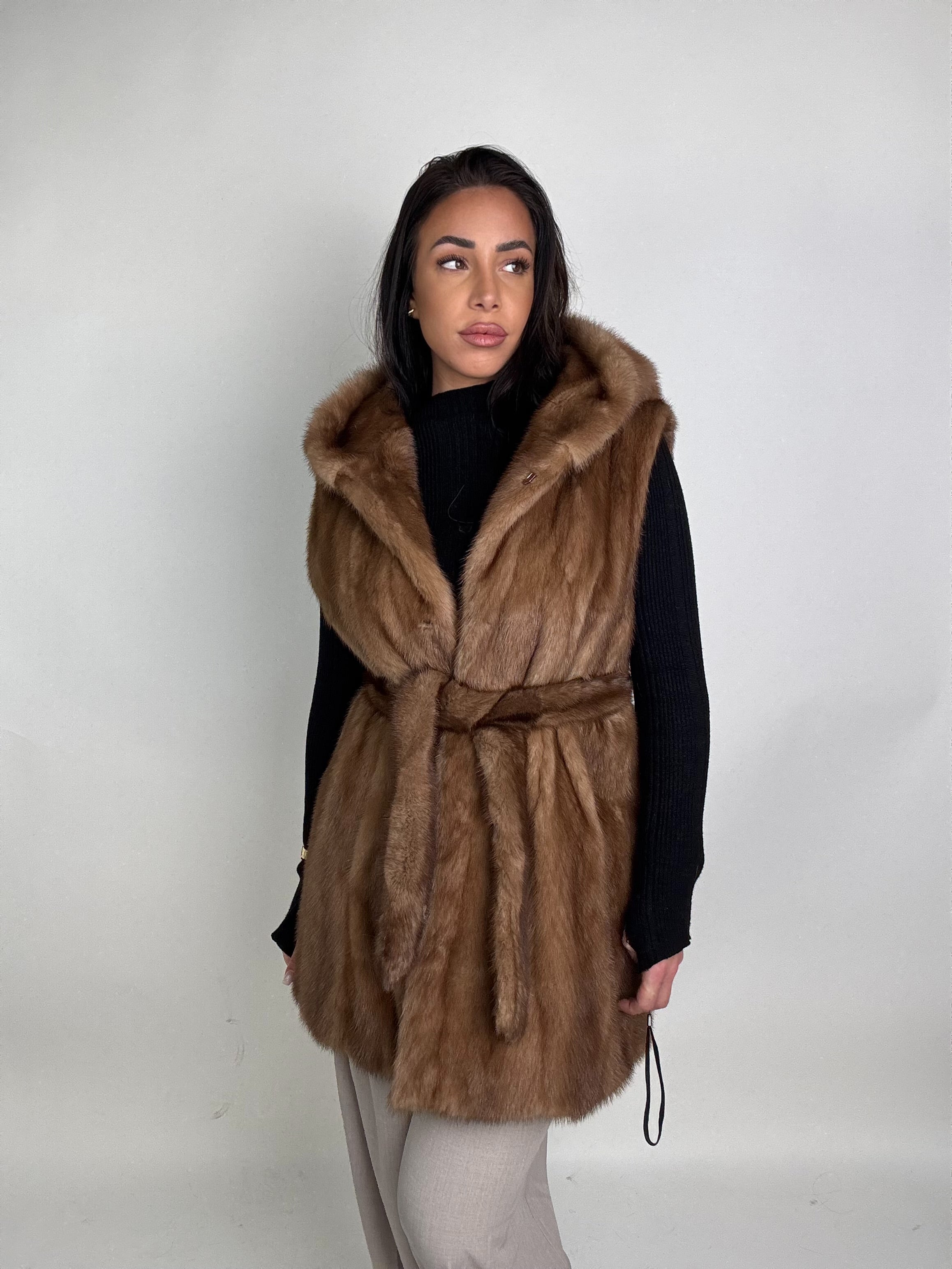 Mink jacket with belt and hood