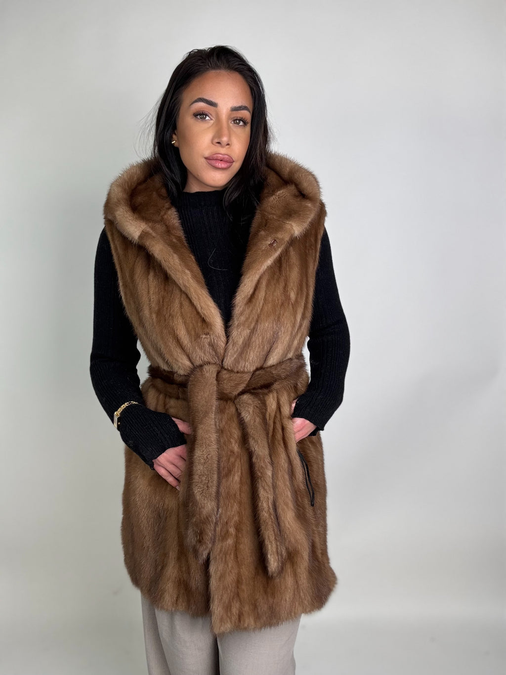 Mink jacket with belt and hood