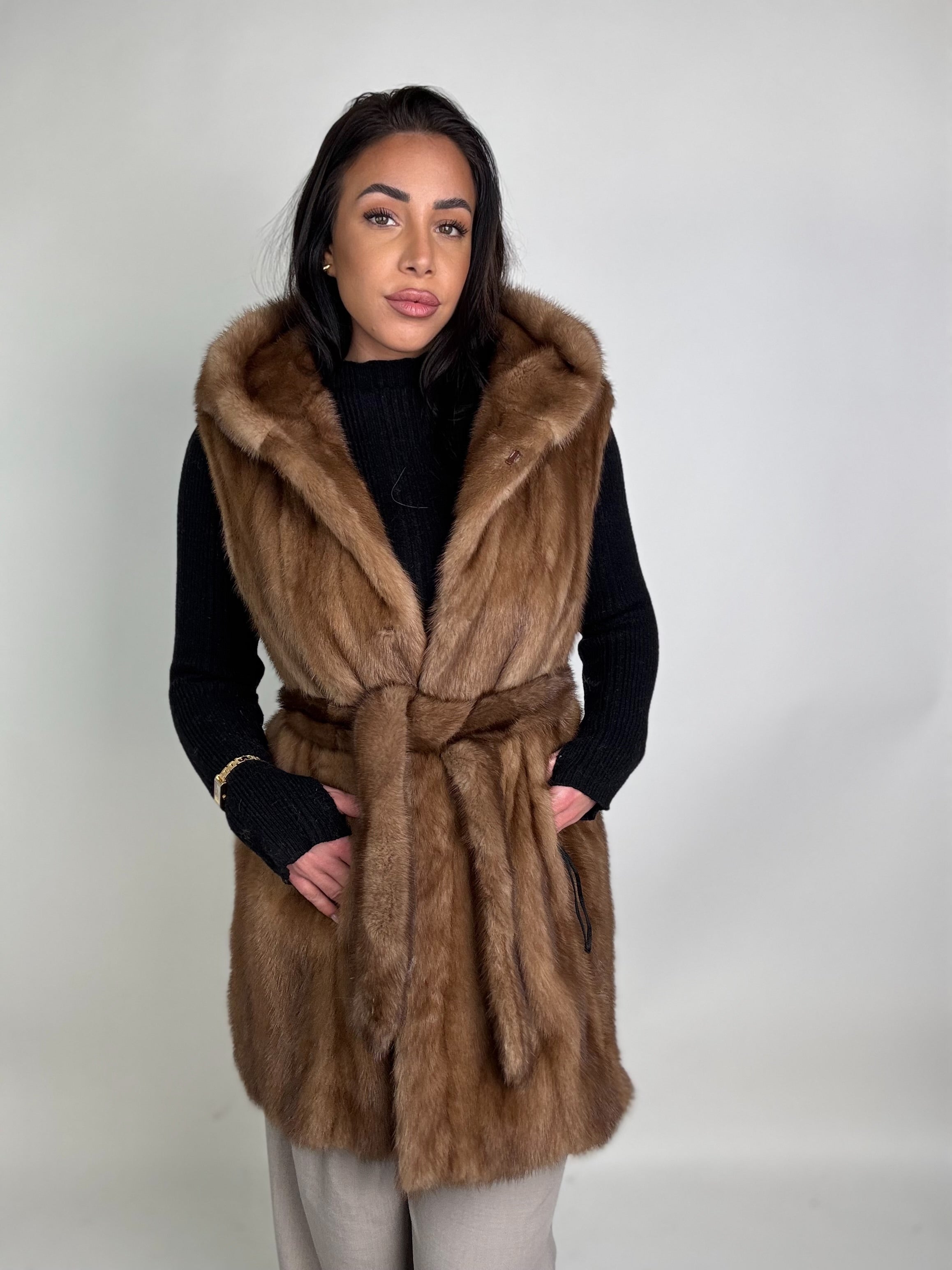 Mink jacket with belt and hood