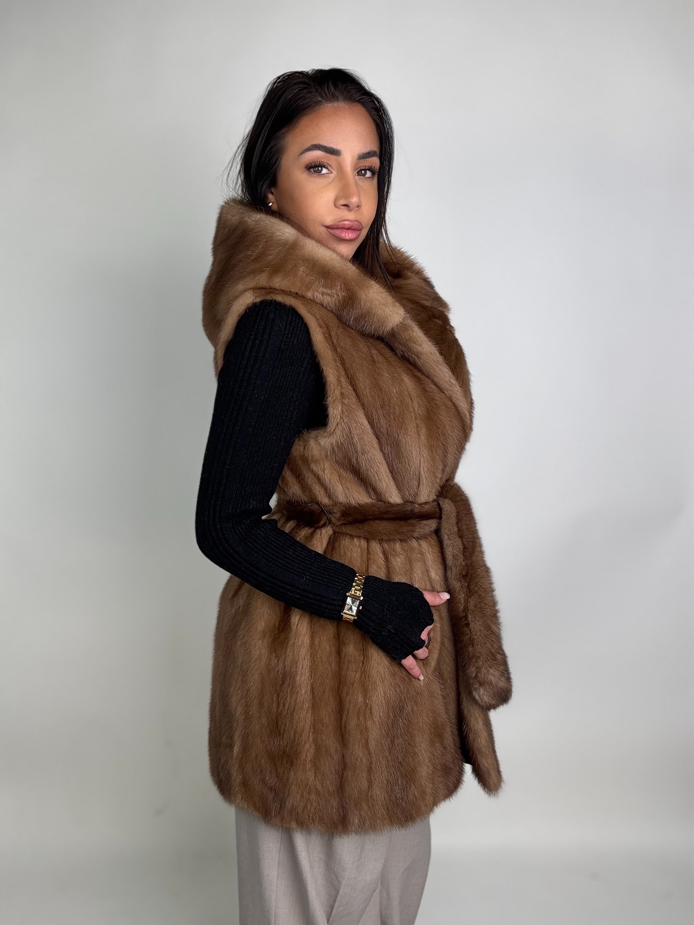 Mink jacket with belt and hood