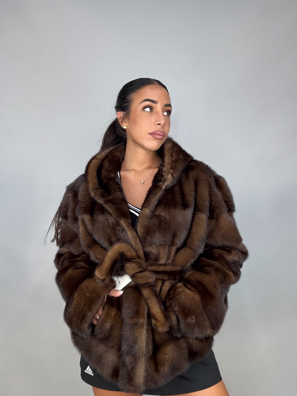 Giacca di visone cintura e cappuccio