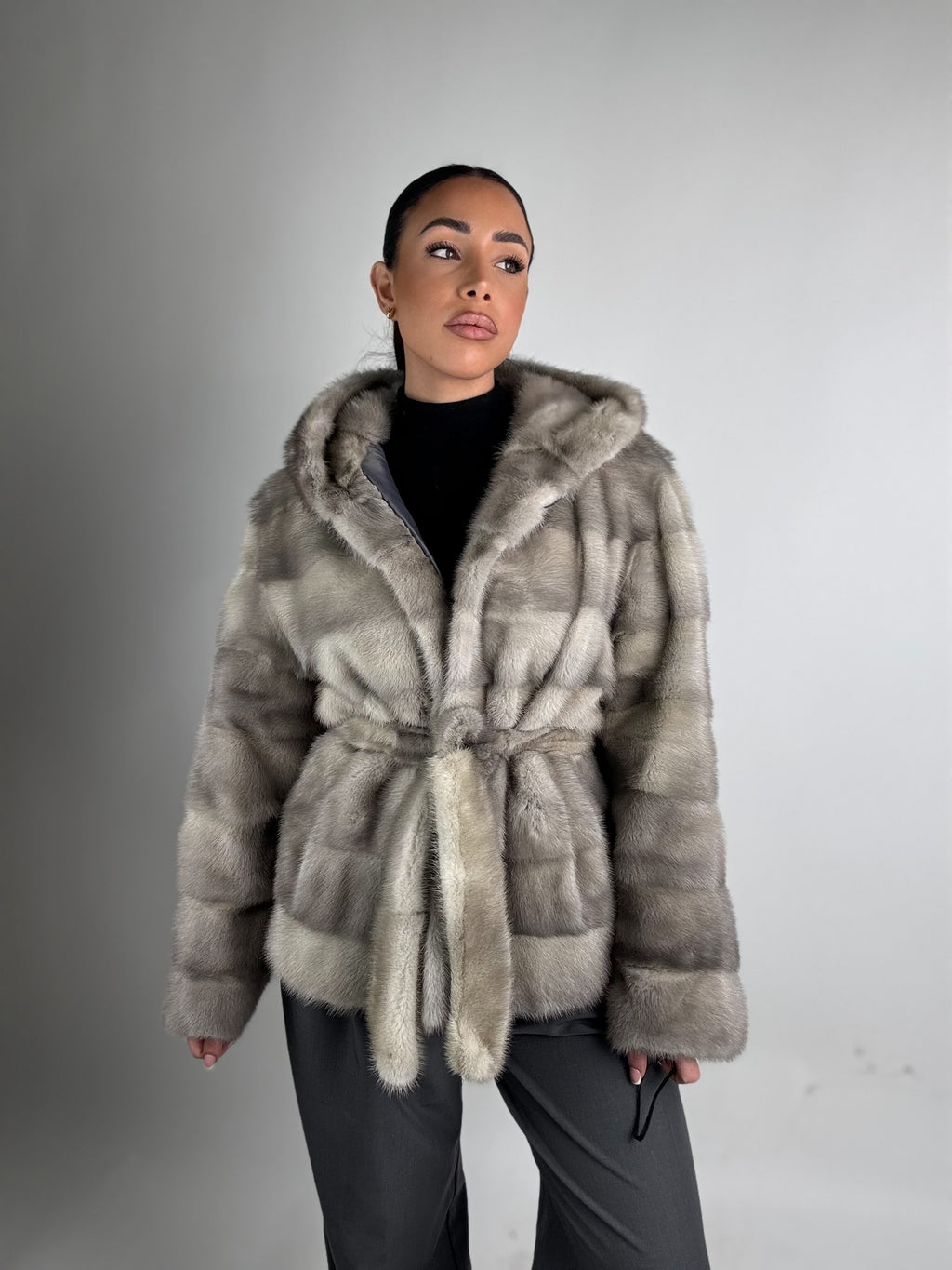 Mink jacket with belt and hood