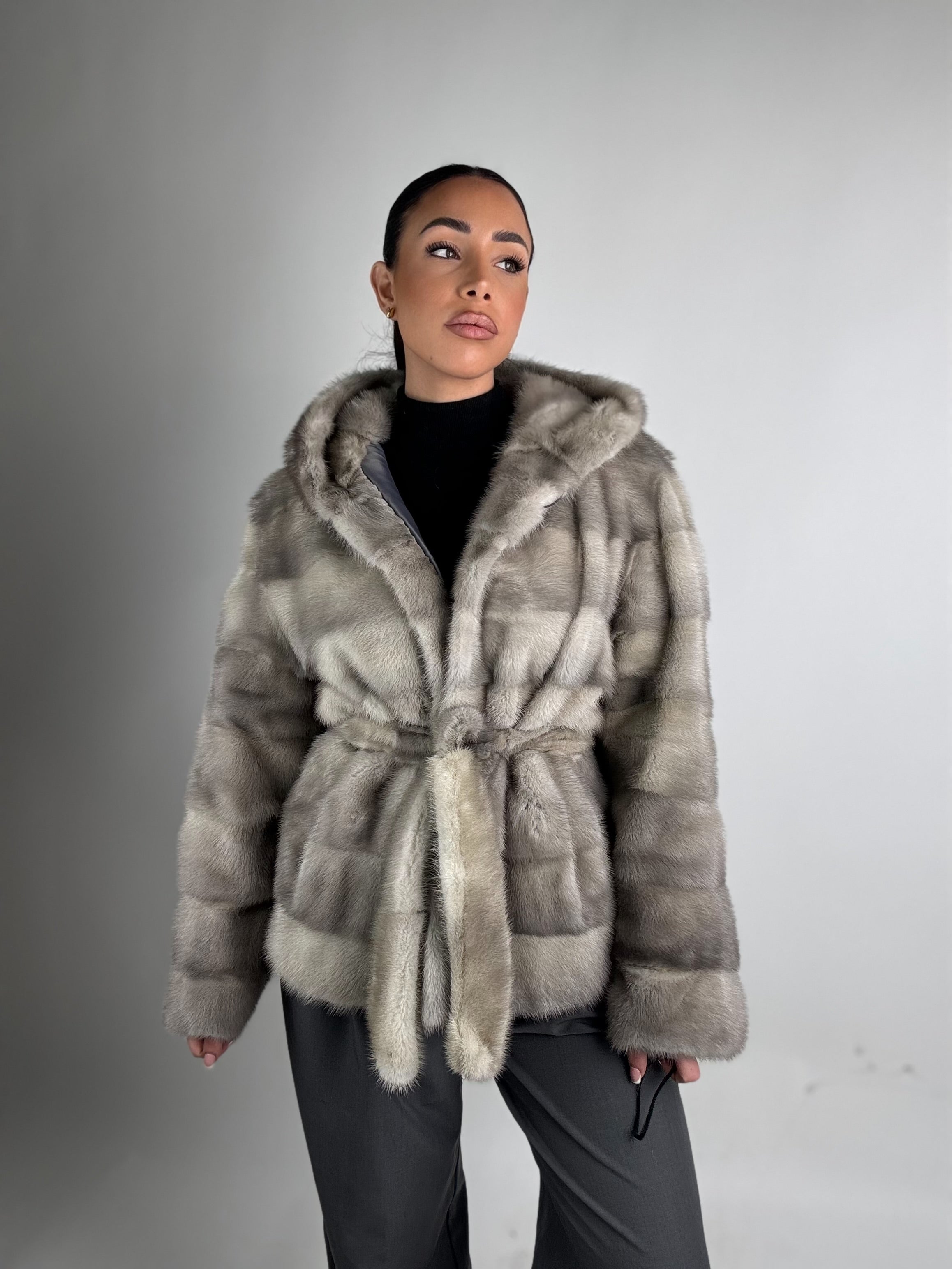 Mink jacket with belt and hood