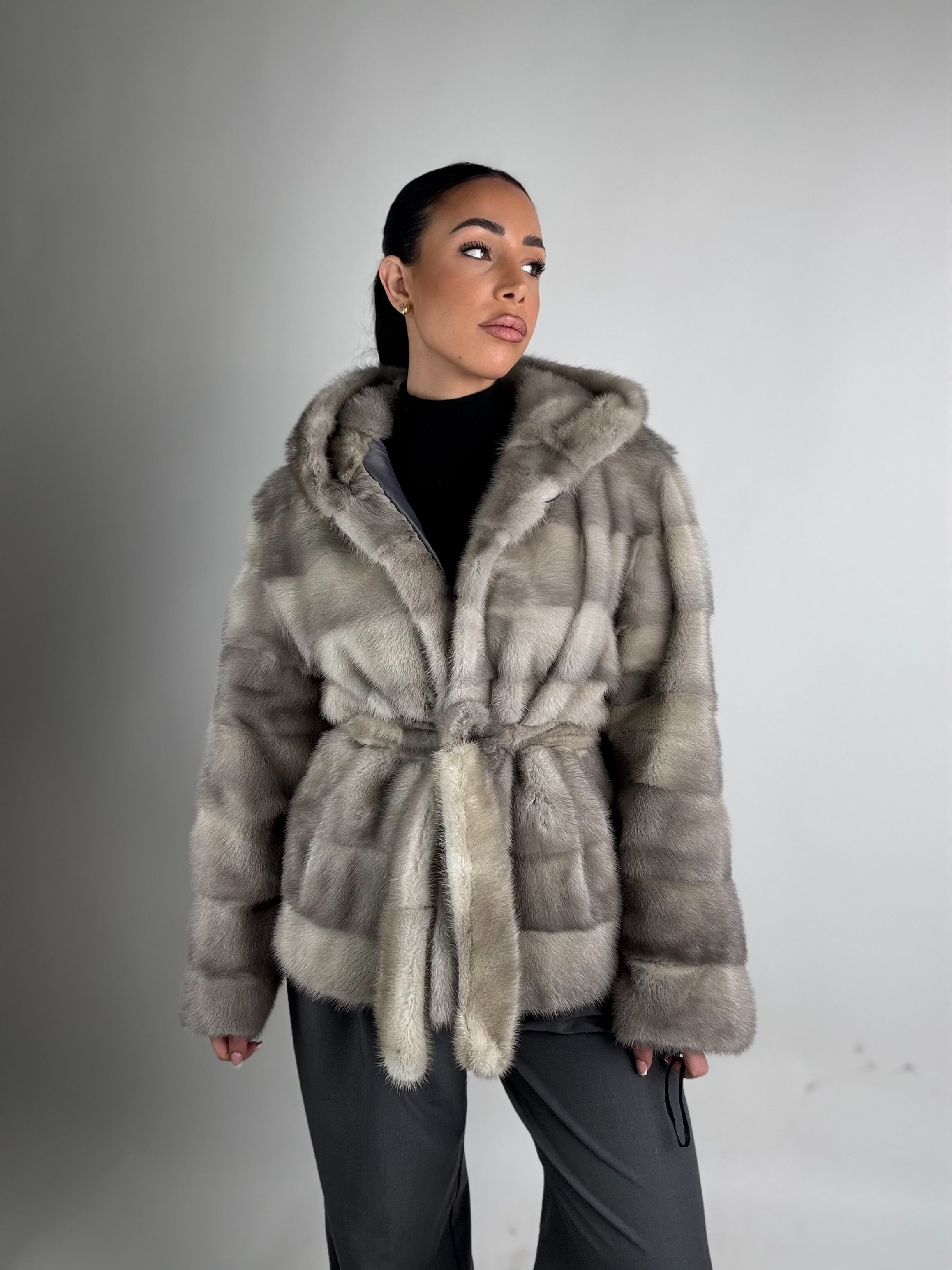 Mink jacket with belt and hood