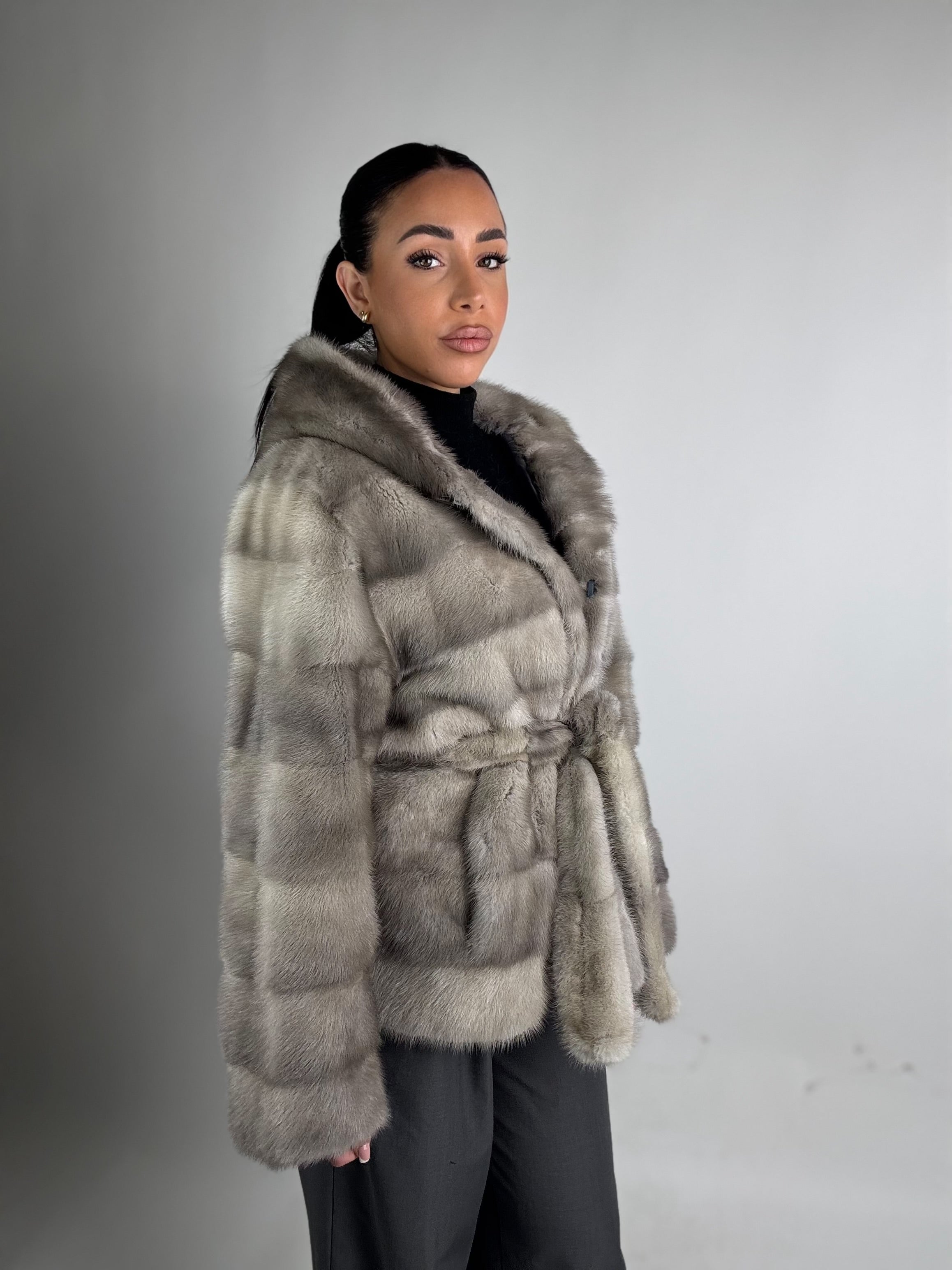 Mink jacket with belt and hood