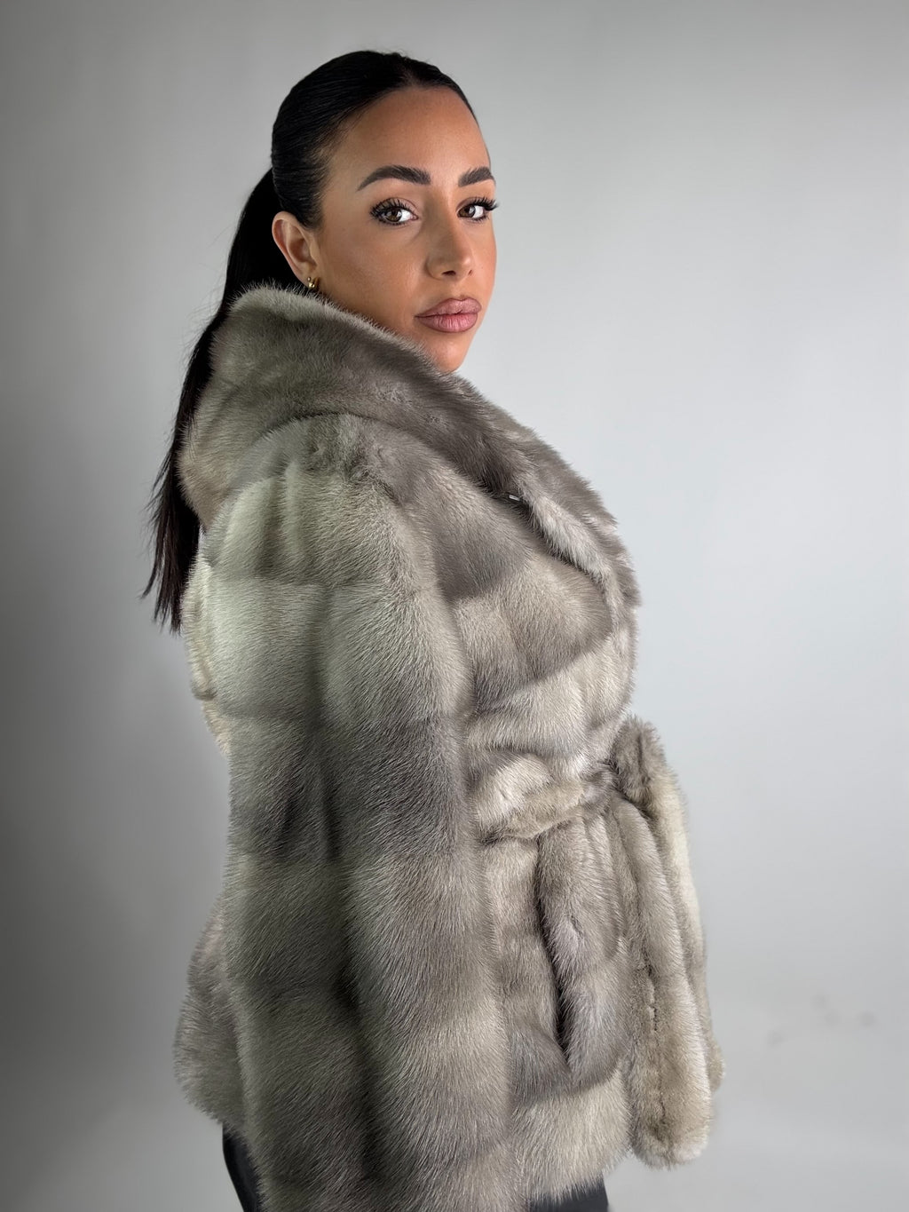 Mink jacket with belt and hood