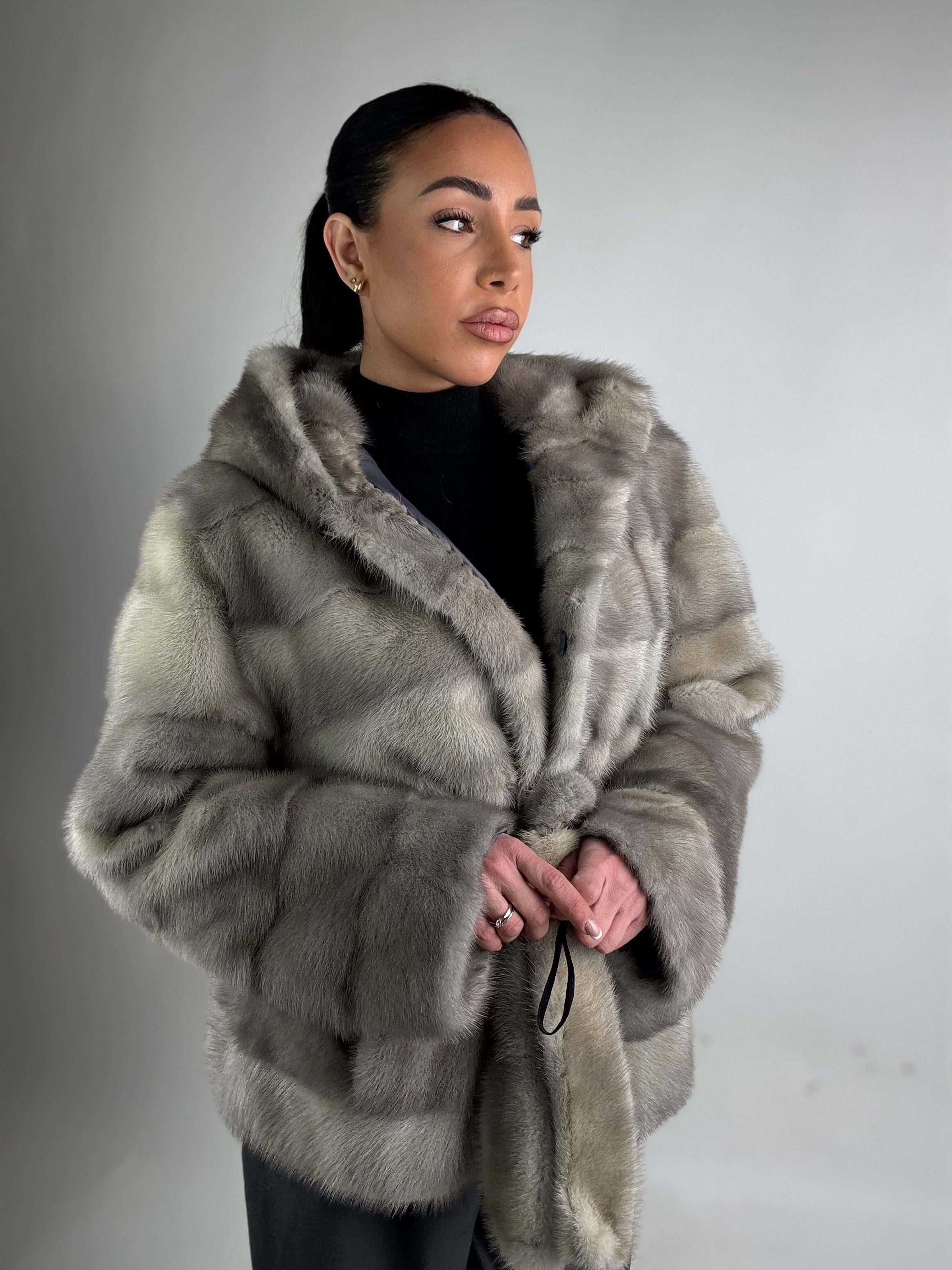 Mink jacket with belt and hood