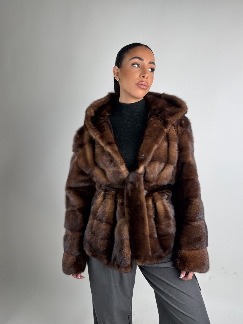 Mink jacket with belt and hood