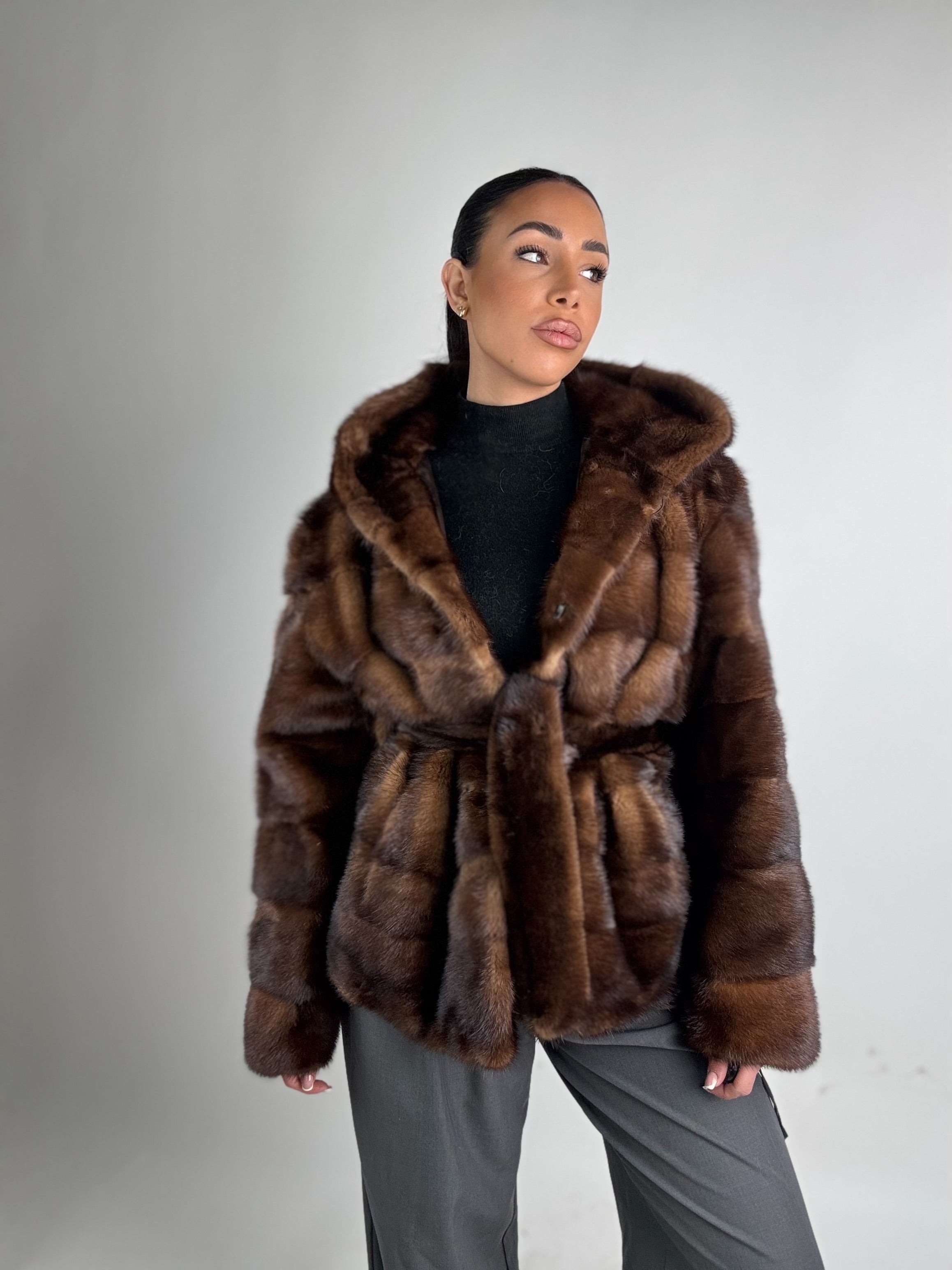 Mink jacket with belt and hood
