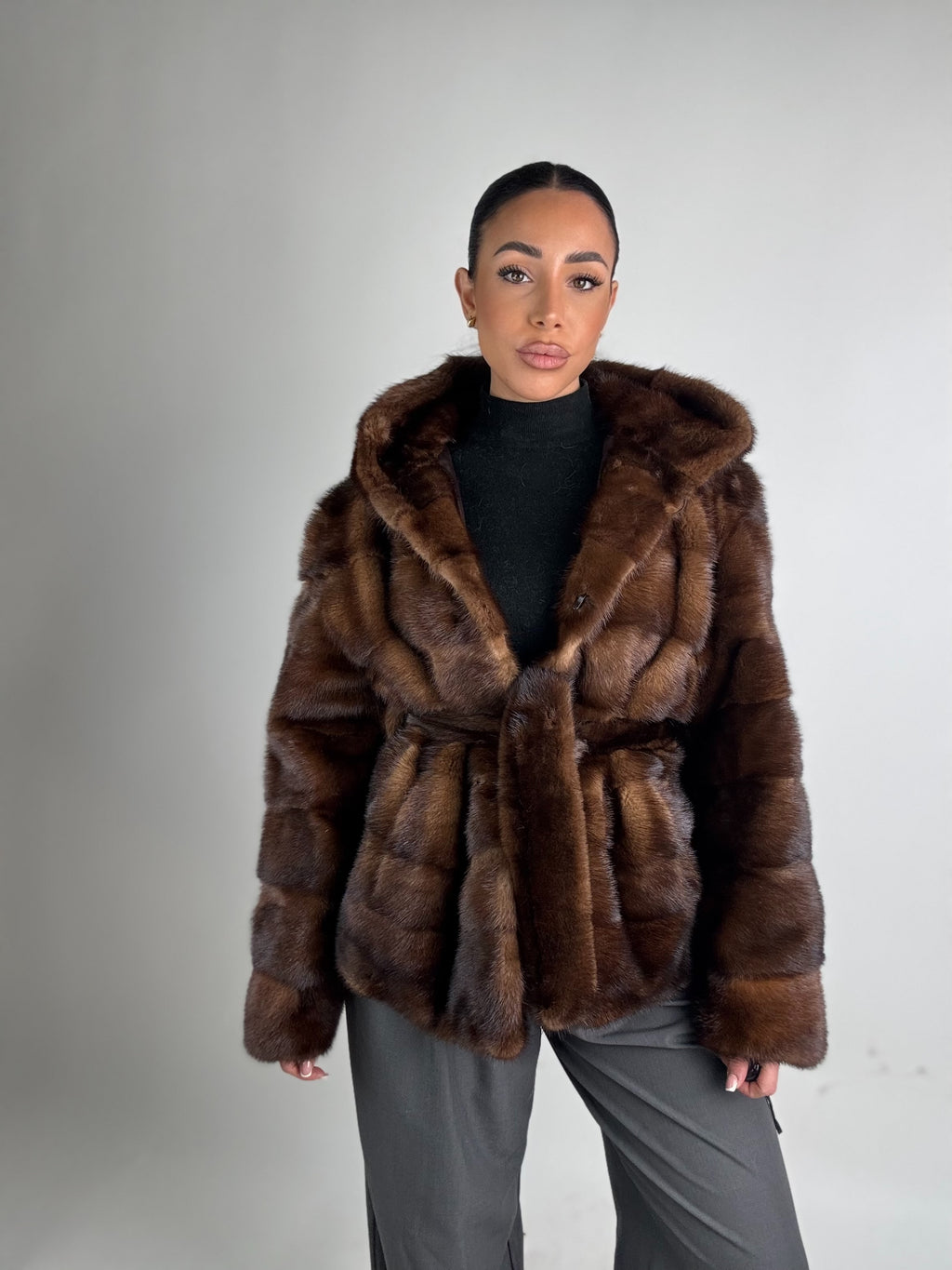 Mink jacket with belt and hood