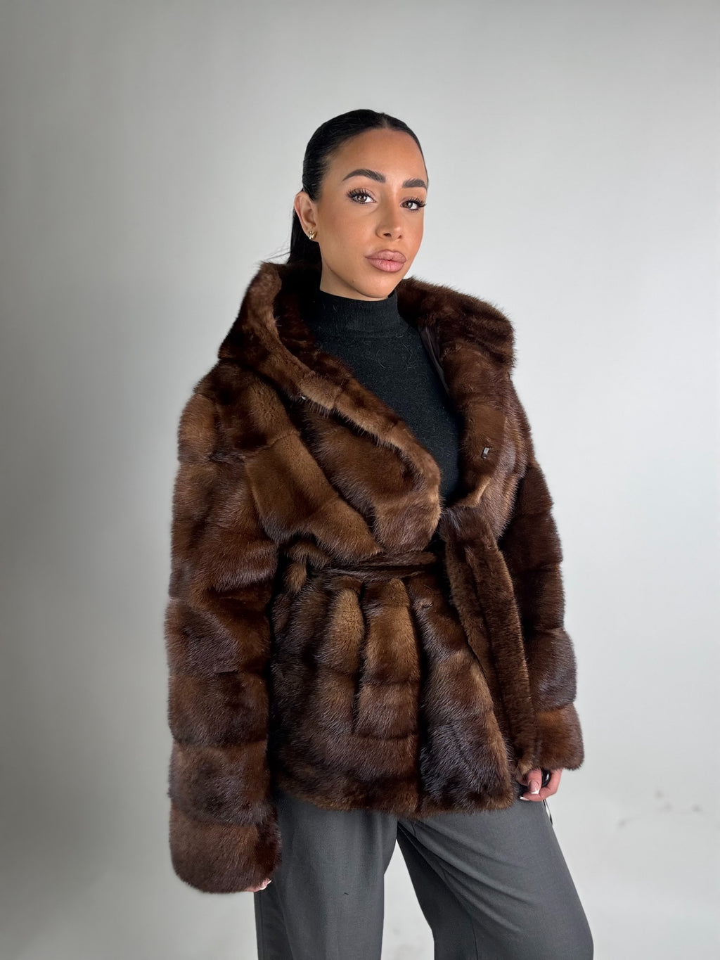 Mink jacket with belt and hood