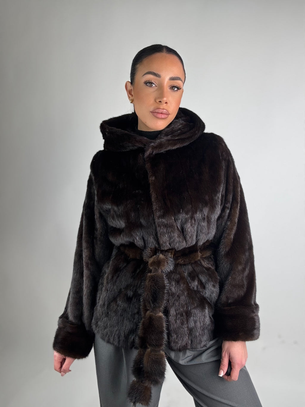 Mink jacket with belt and hood