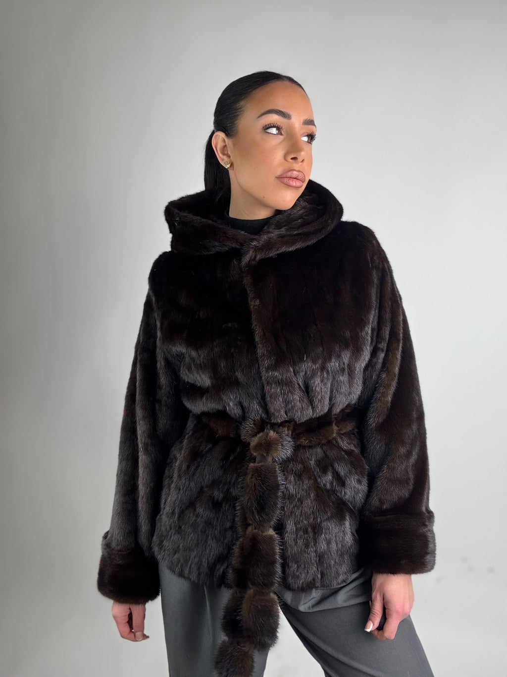 Mink jacket with belt and hood
