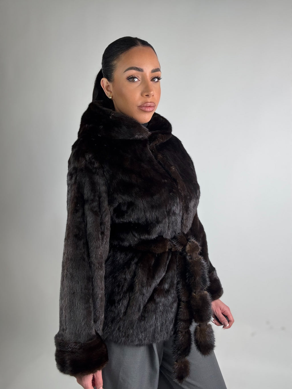 Mink jacket with belt and hood