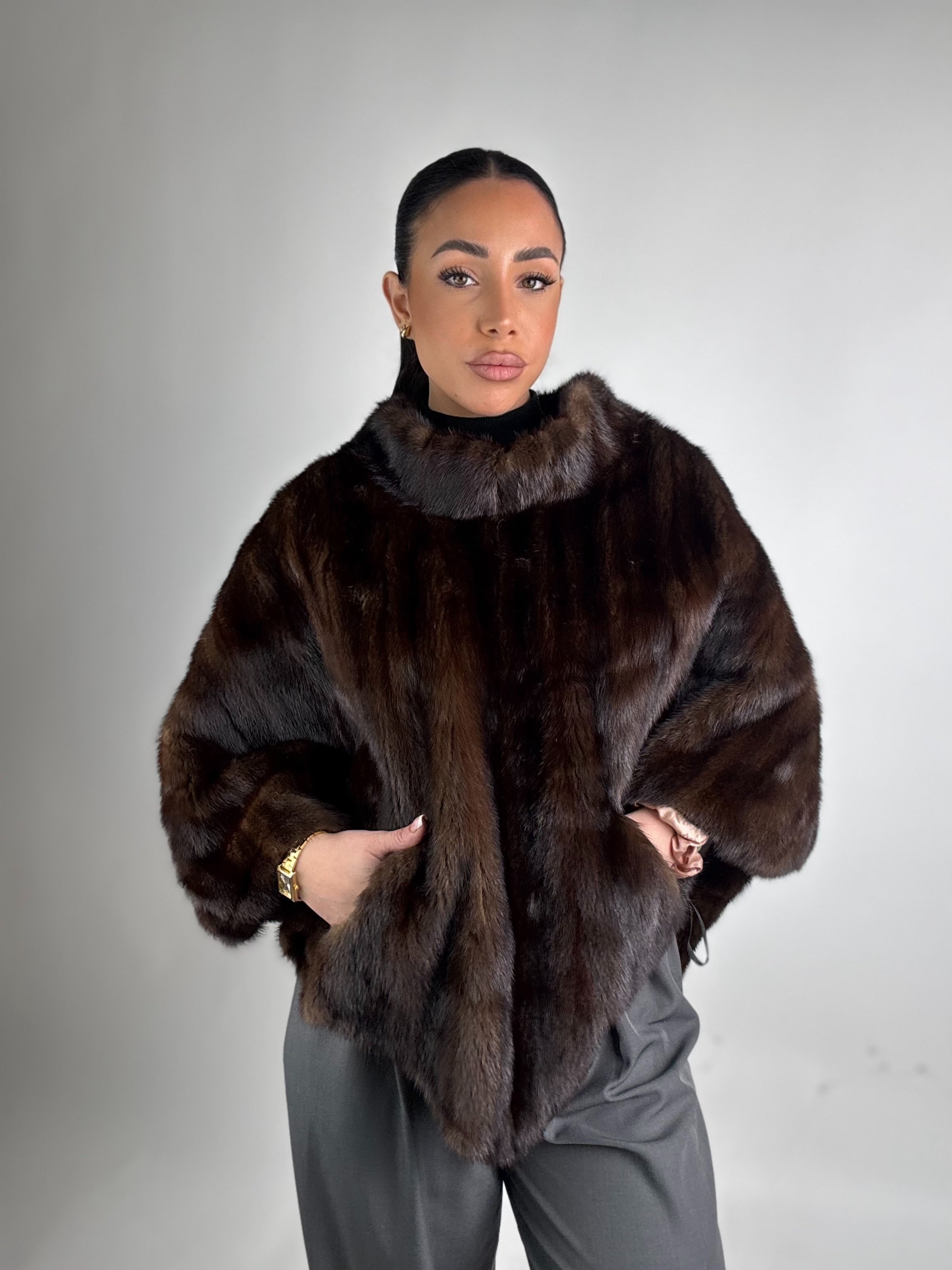 Mink jacket with belt and hood
