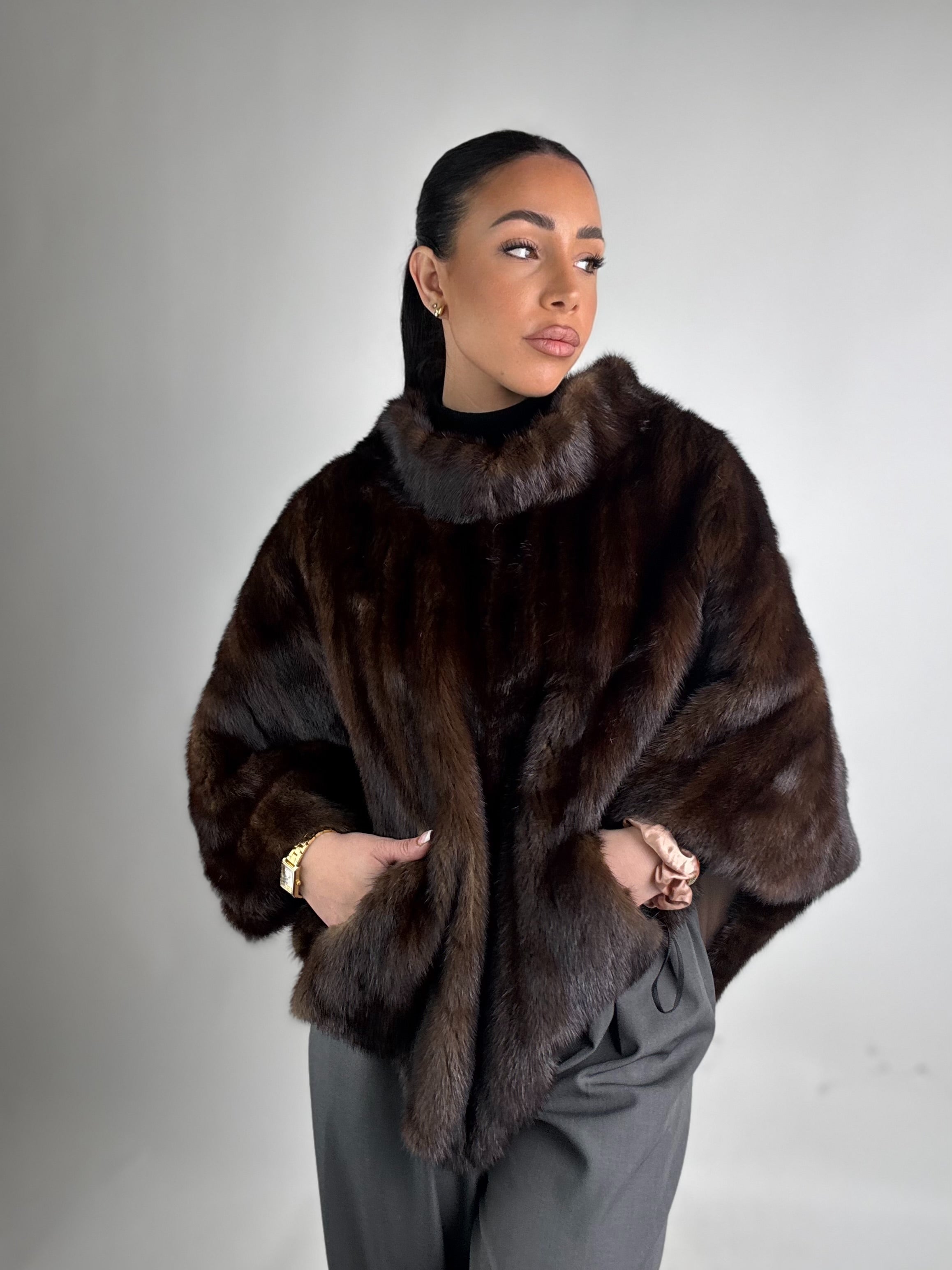 Mink jacket with belt and hood
