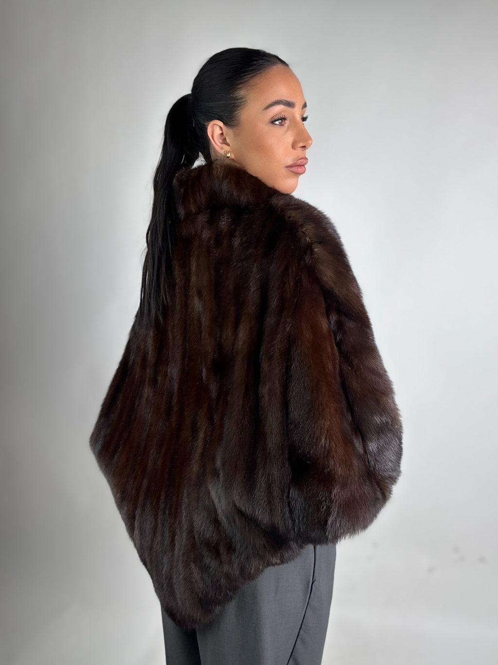 Mink jacket with belt and hood