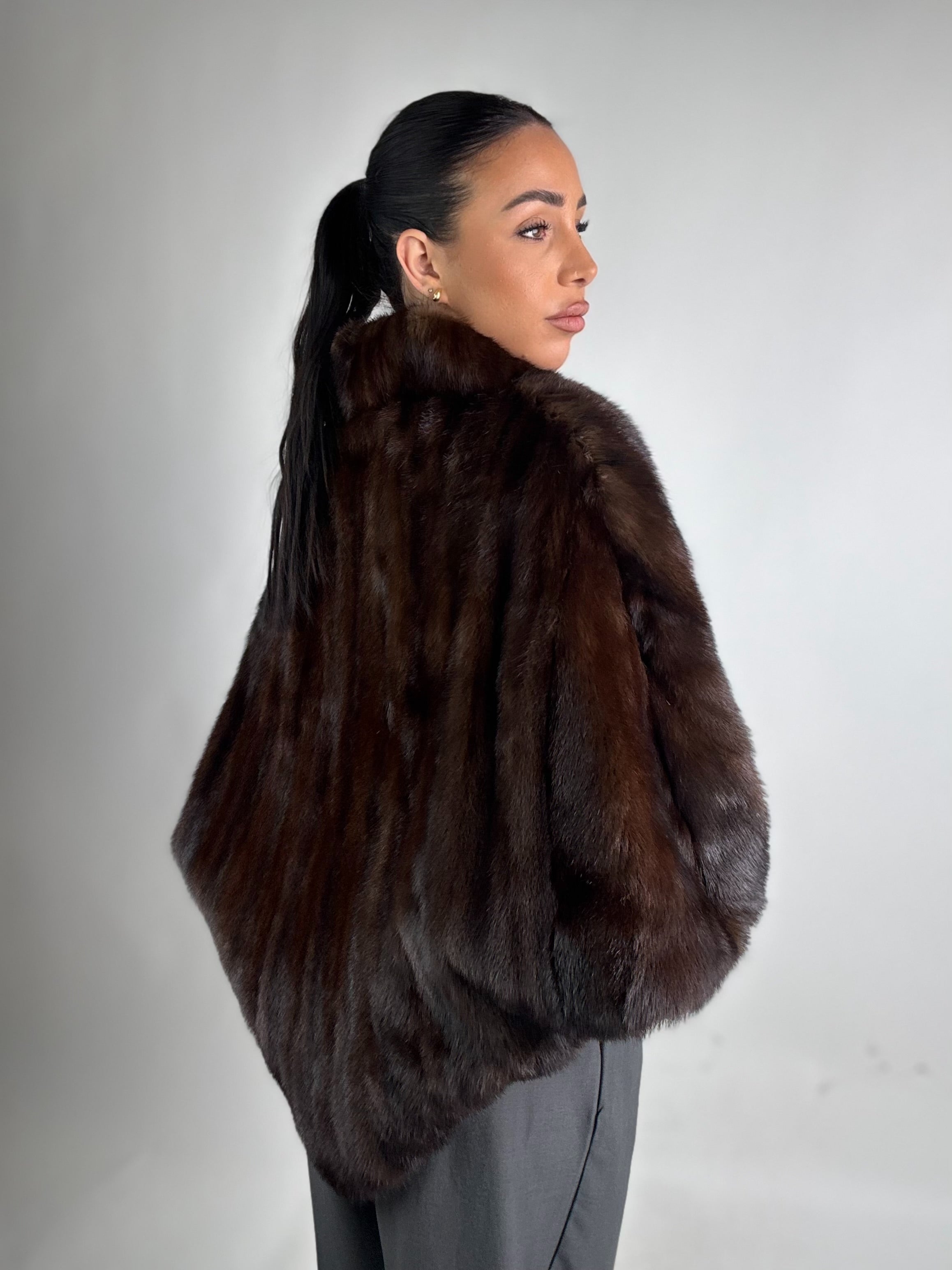 Mink jacket with belt and hood