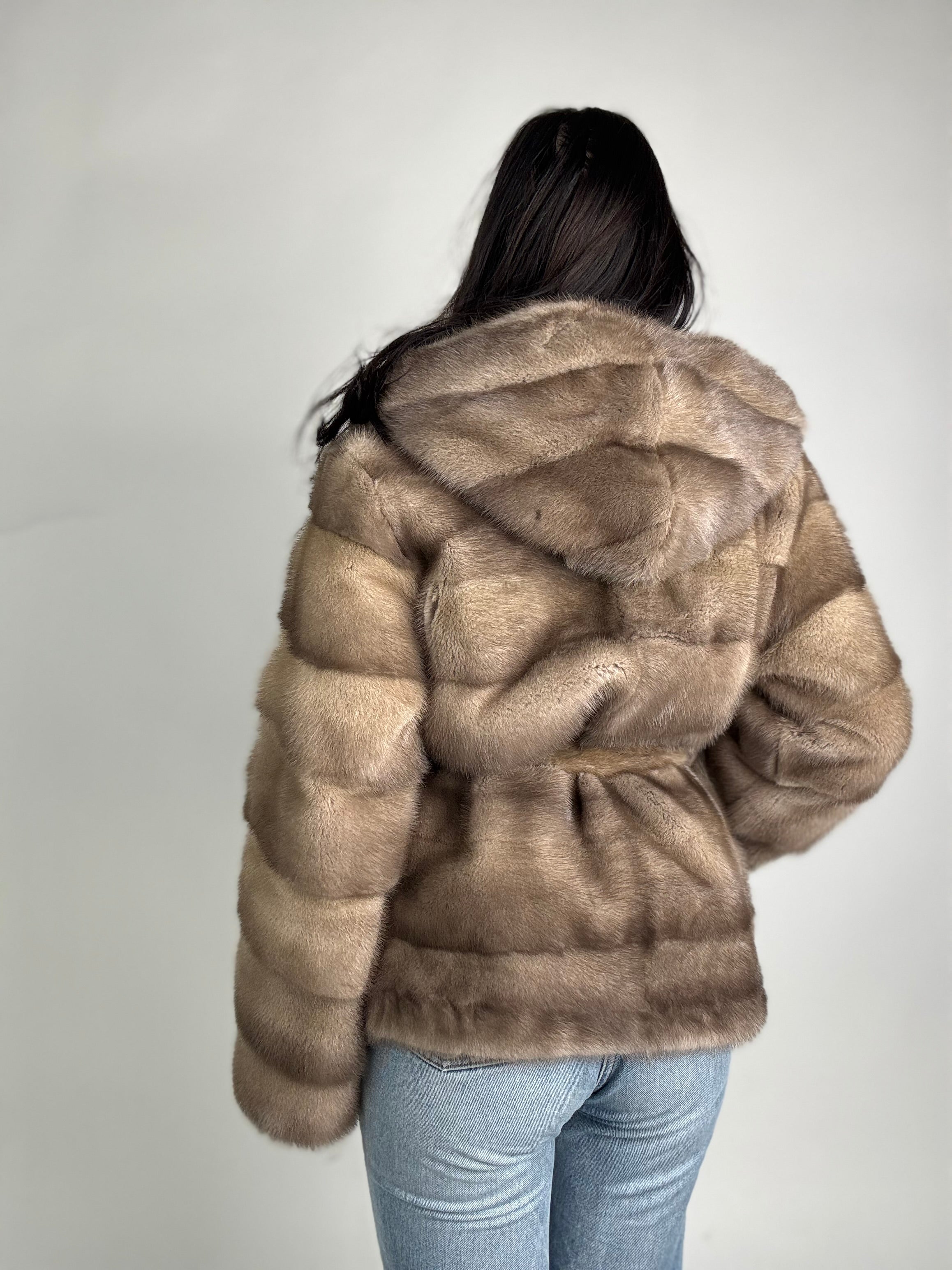 Mink jacket with belt and hood