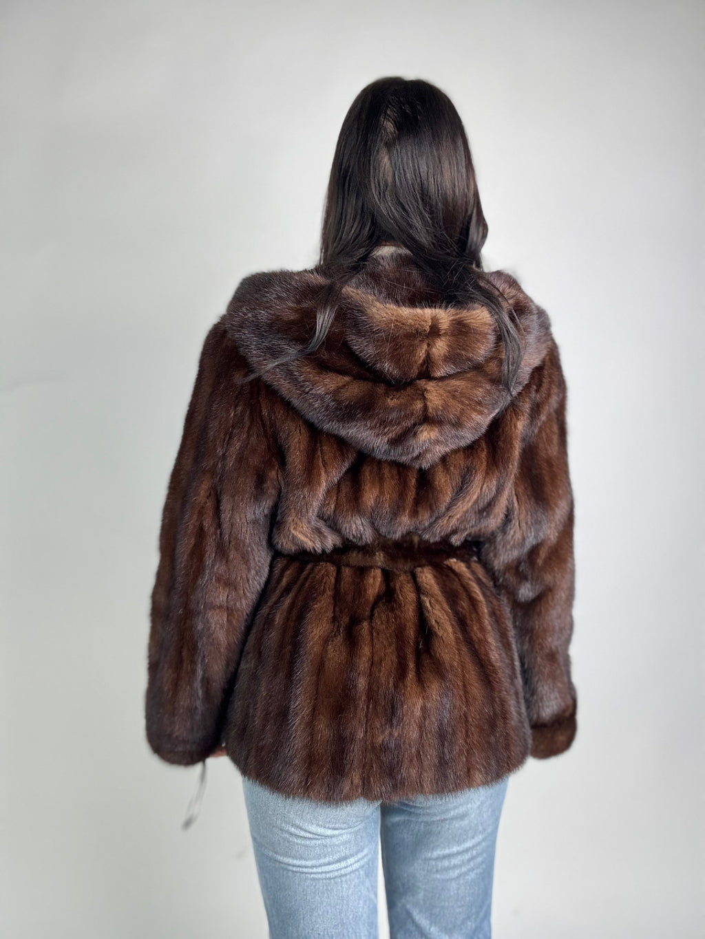Mink jacket with belt and hood