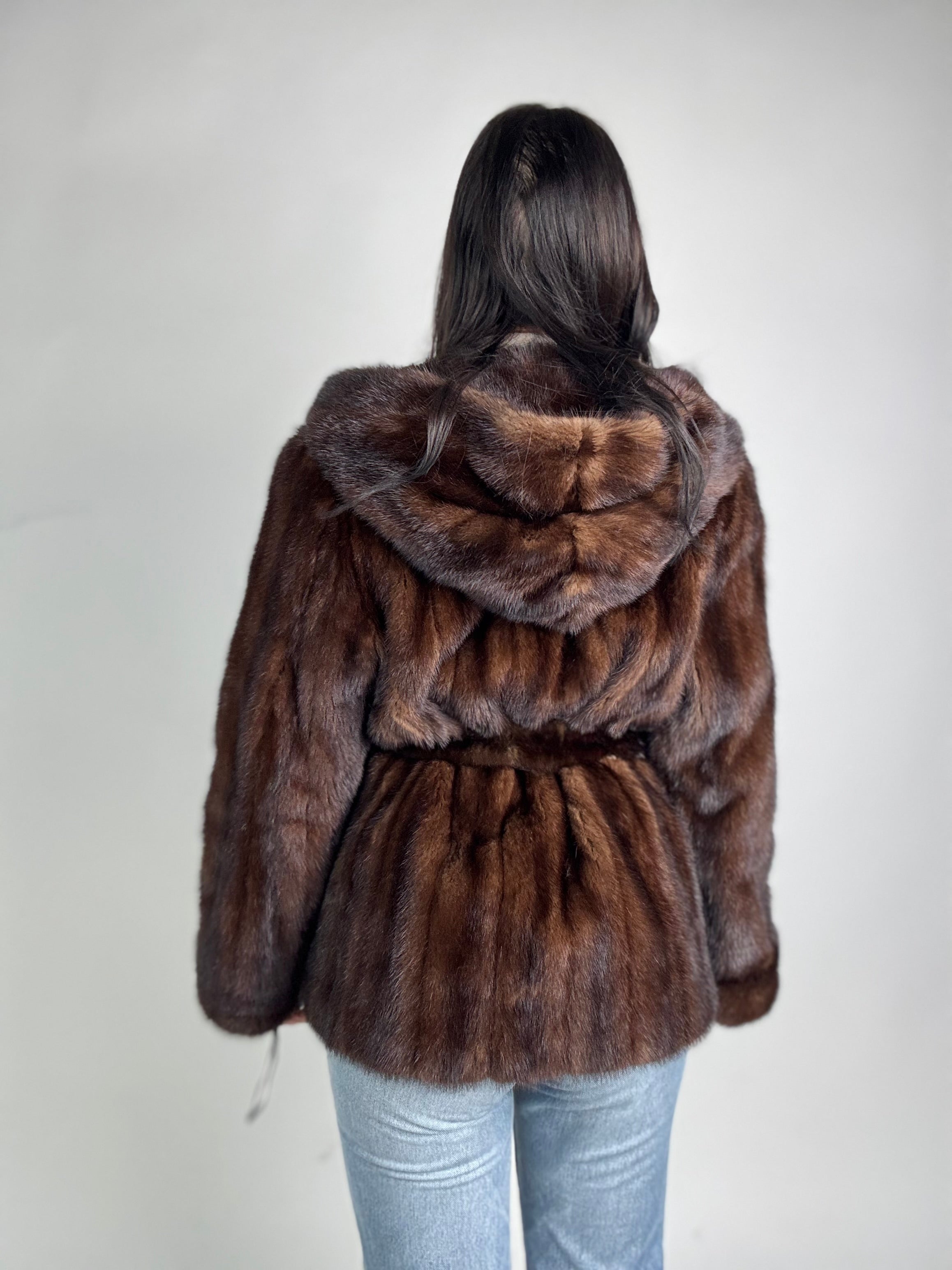 Mink jacket with belt and hood