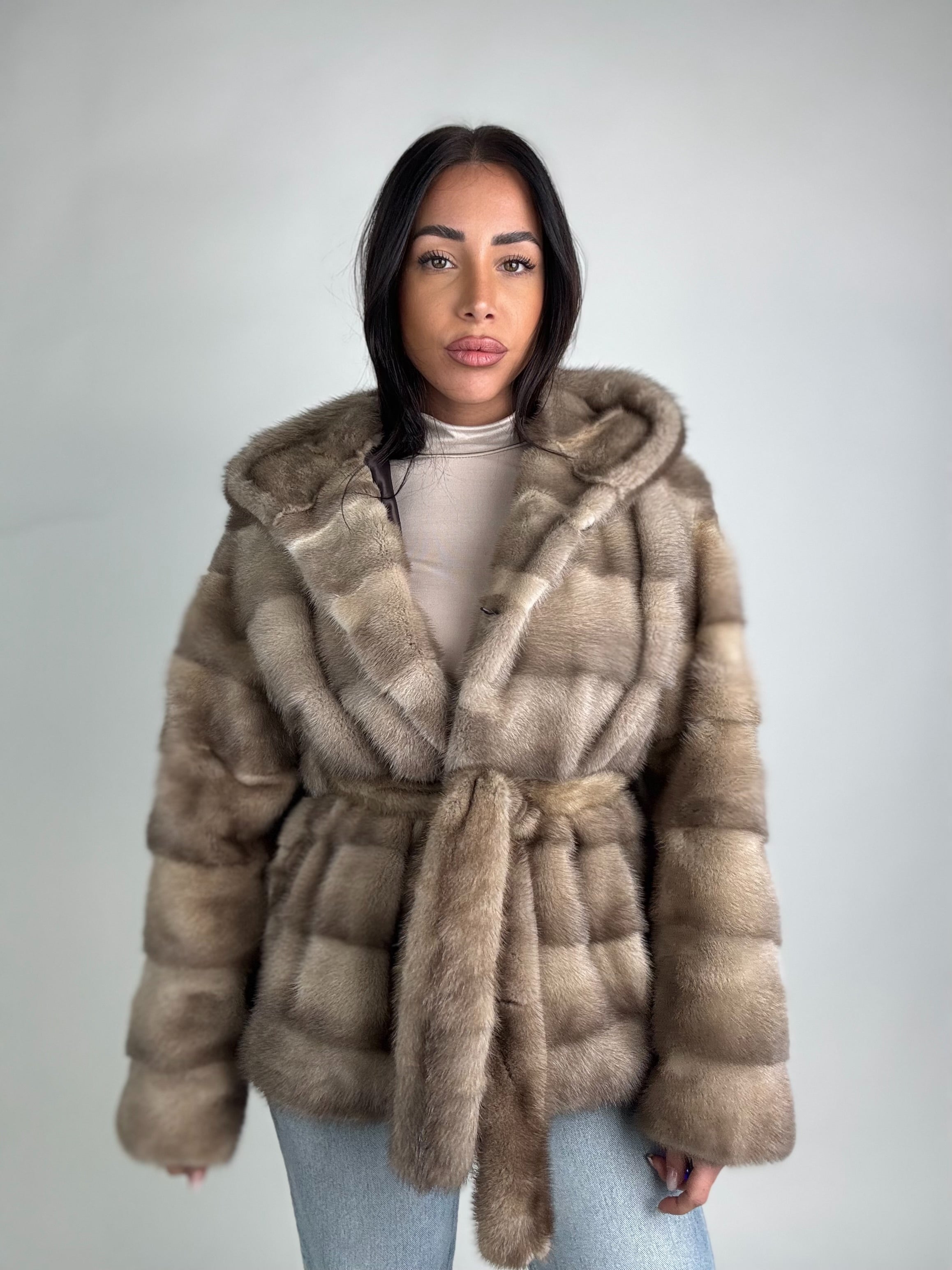 Mink jacket with belt and hood