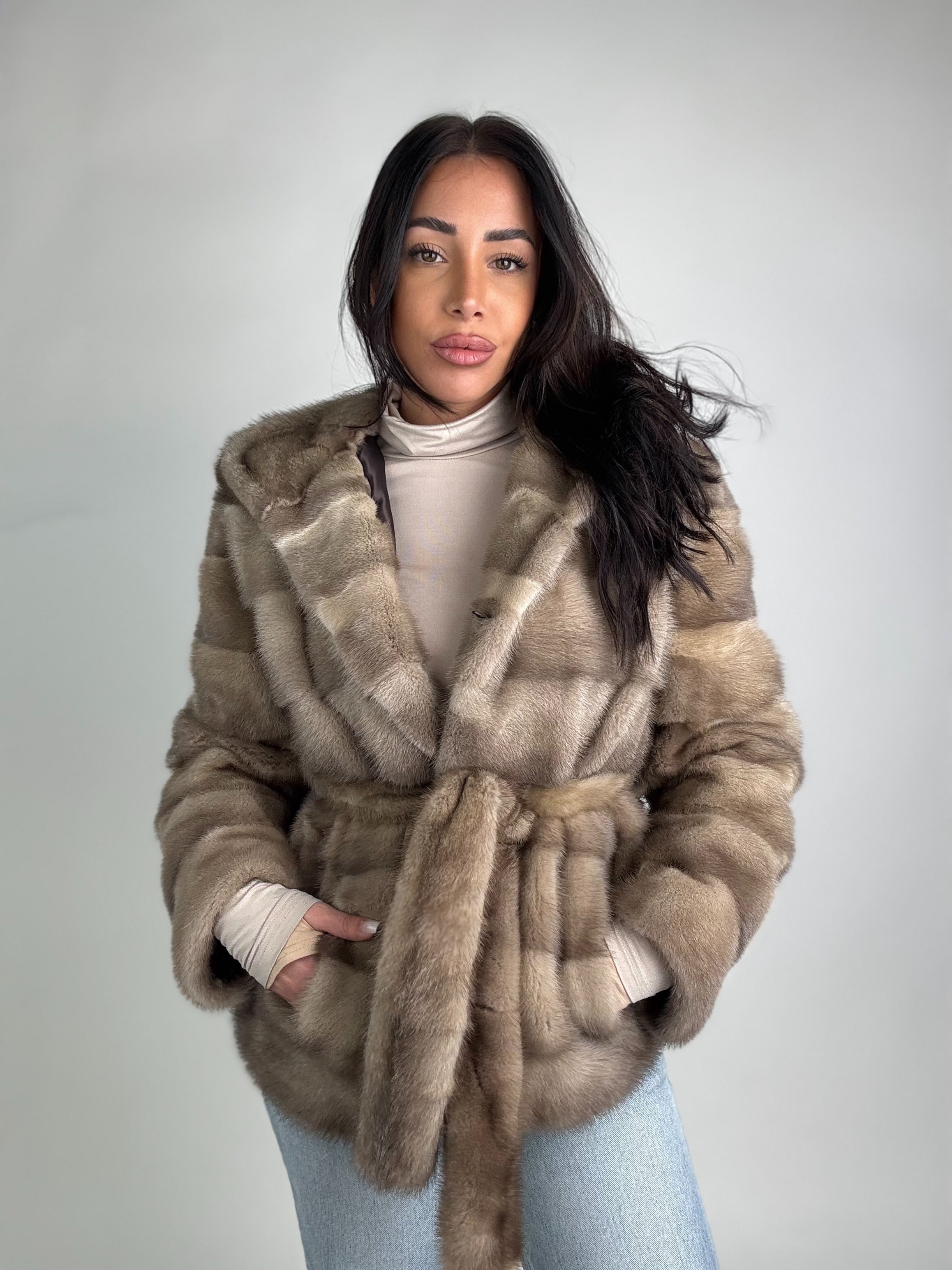 Mink jacket with belt and hood