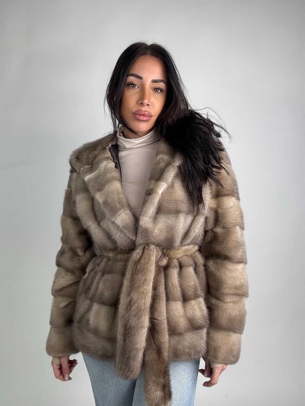 Mink jacket with belt and hood