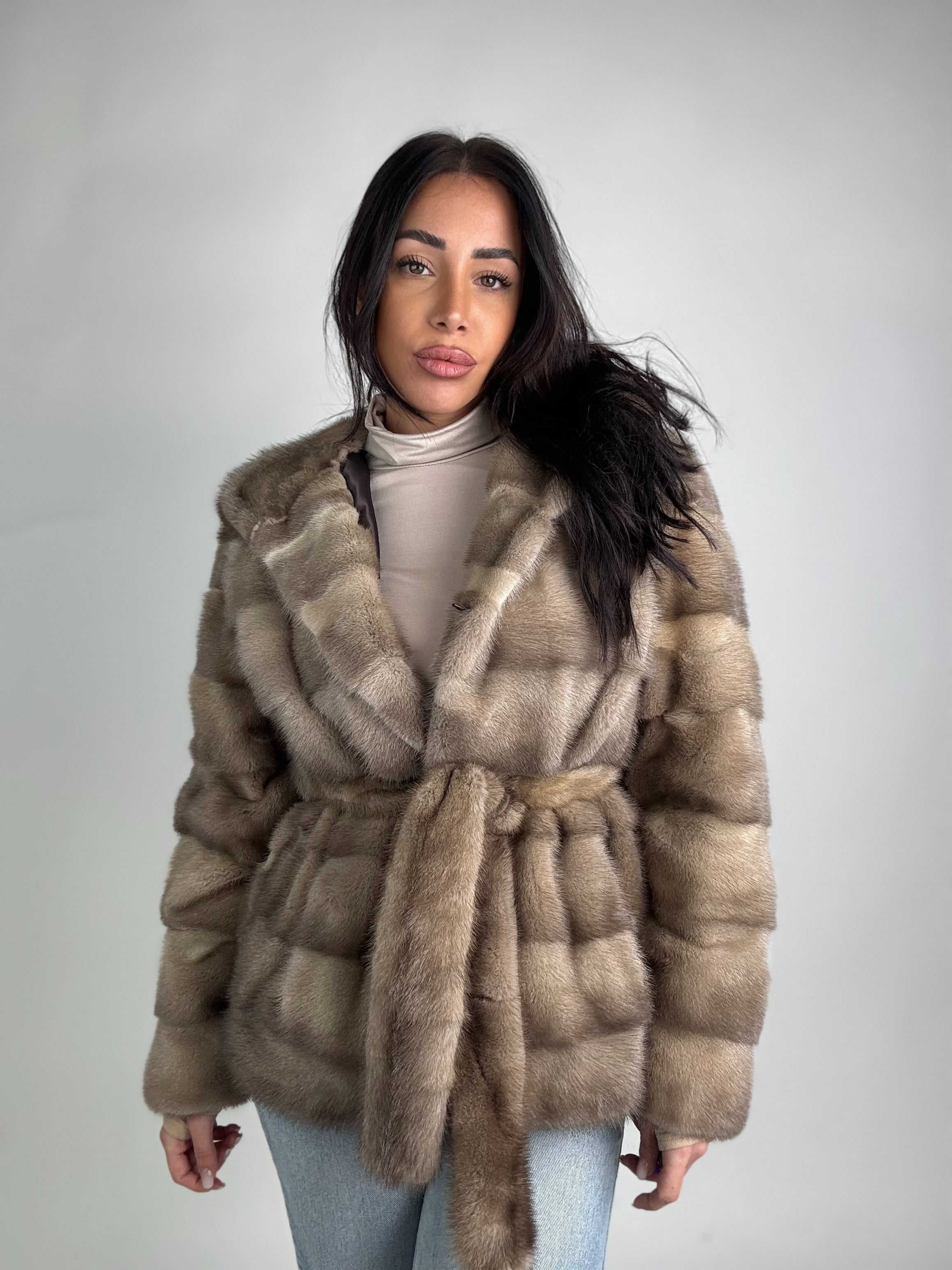 Mink jacket with belt and hood