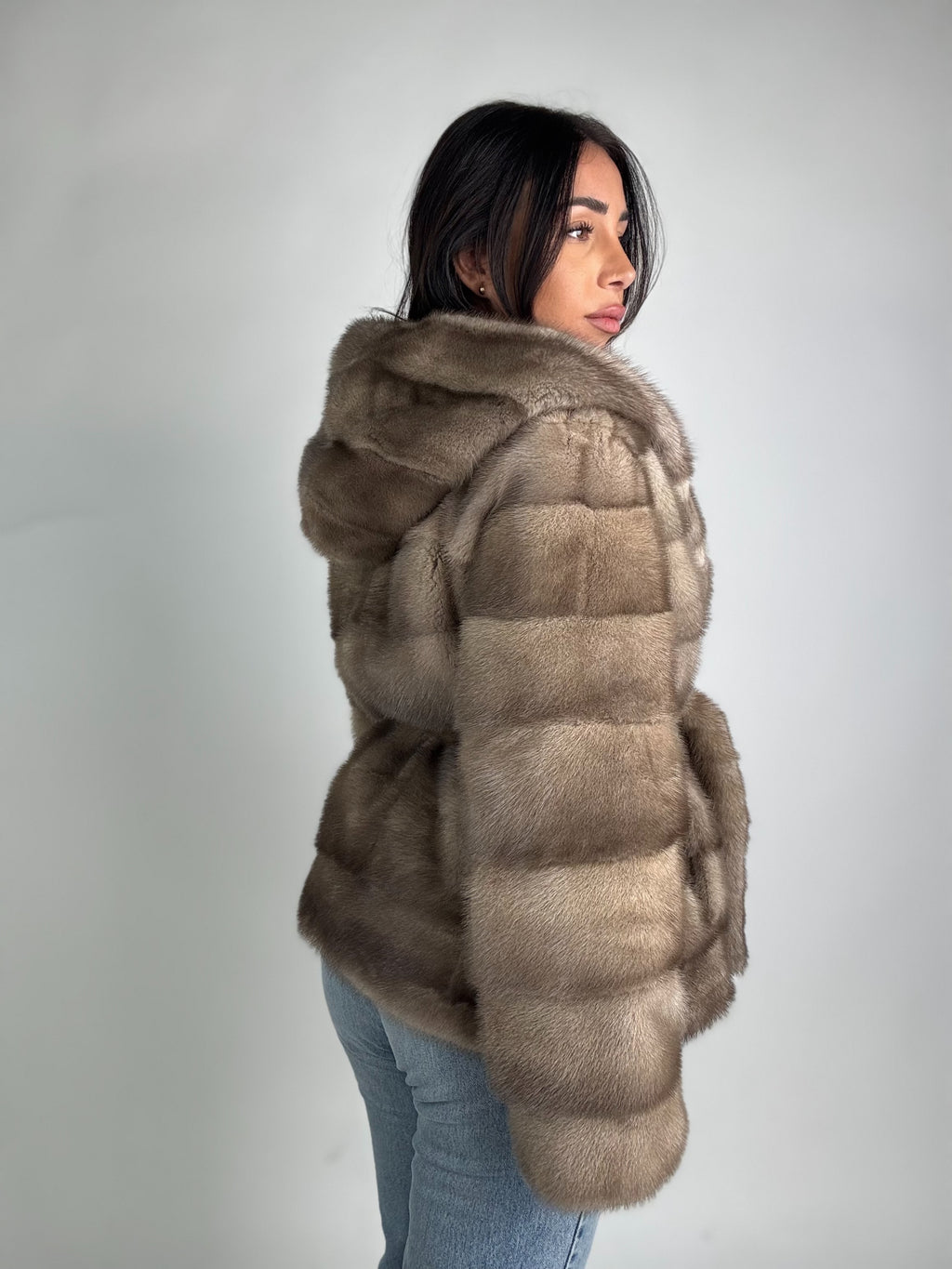 Mink jacket with belt and hood