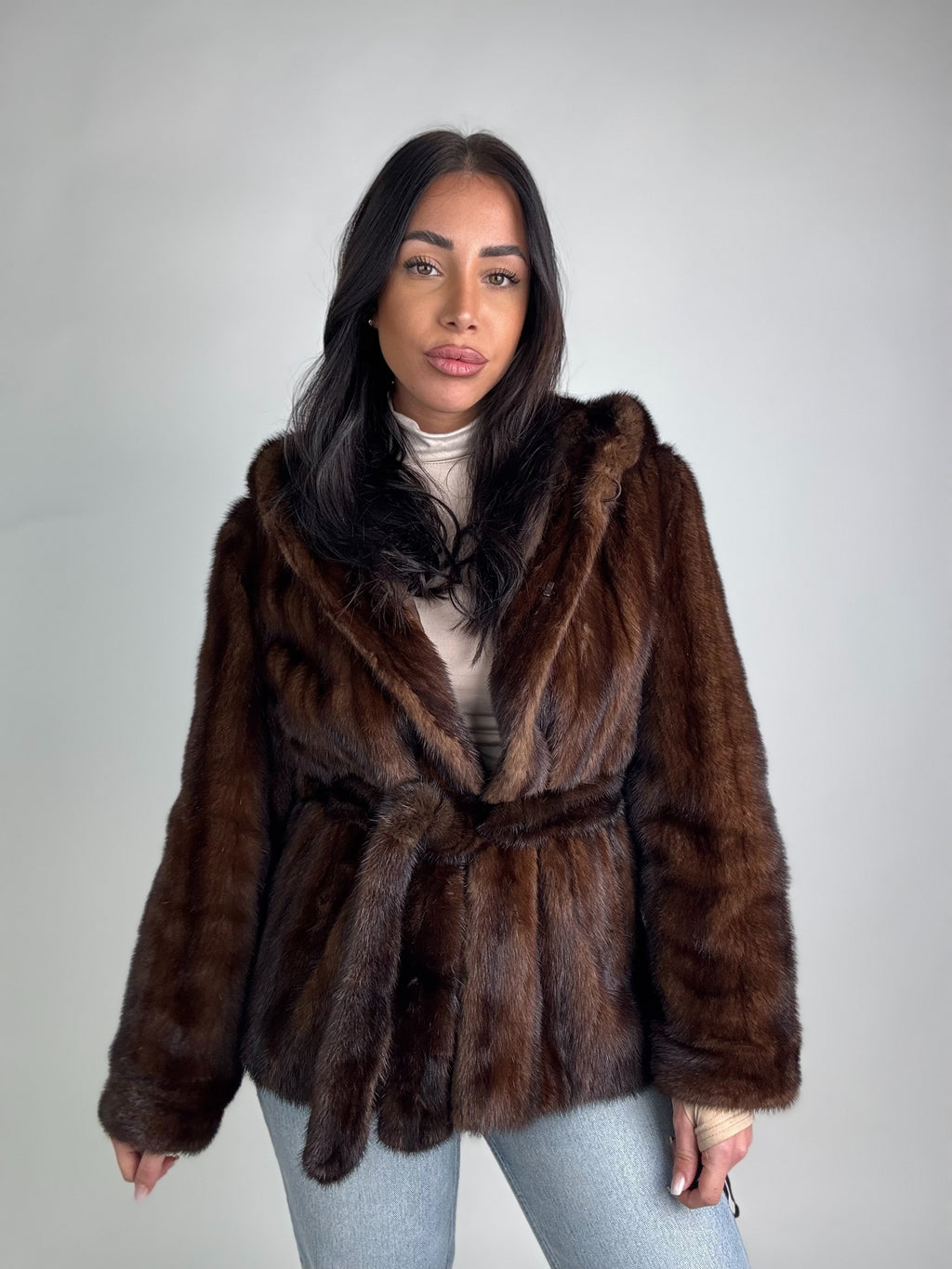 Mink jacket with belt and hood
