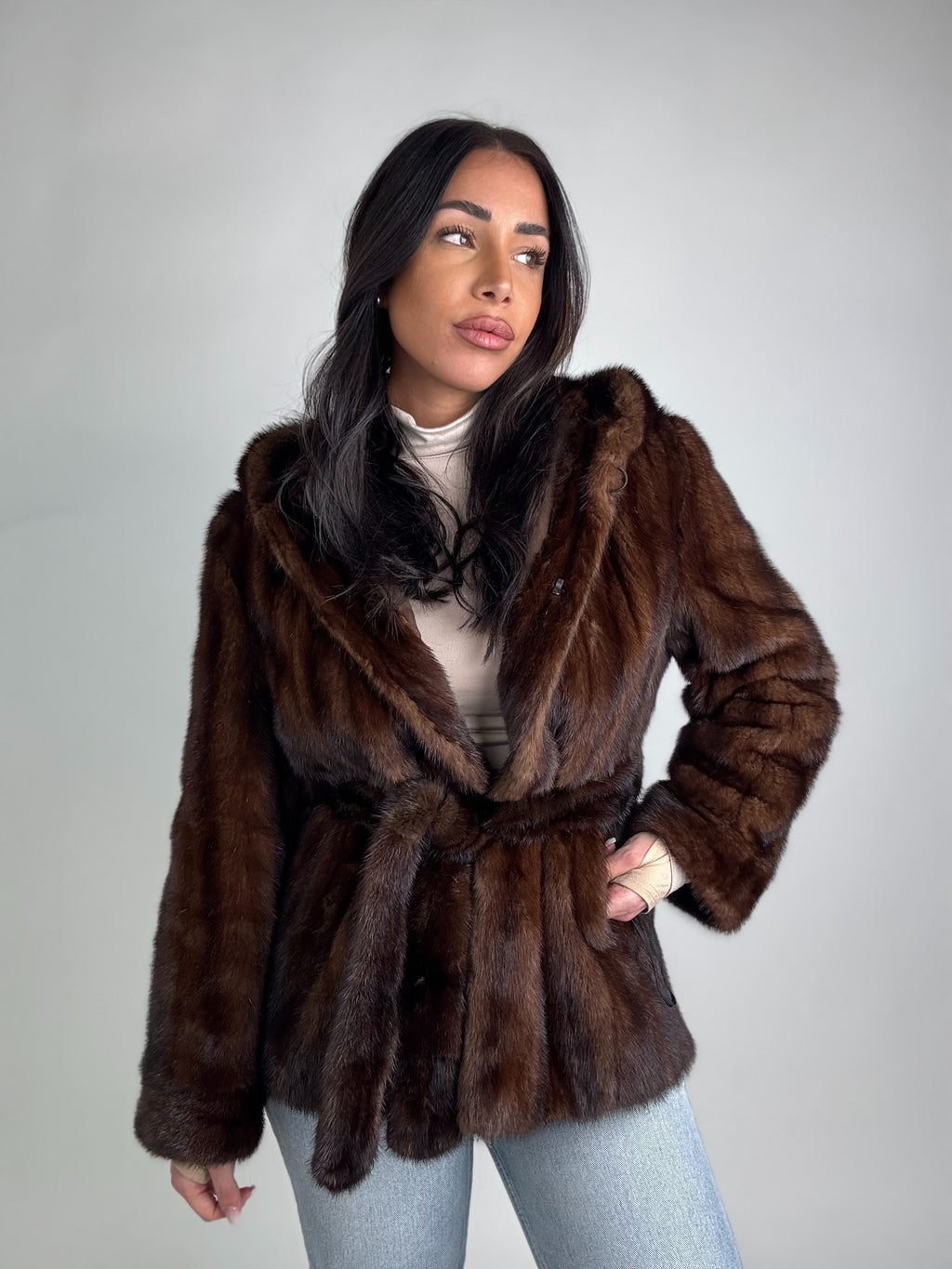 Mink jacket with belt and hood