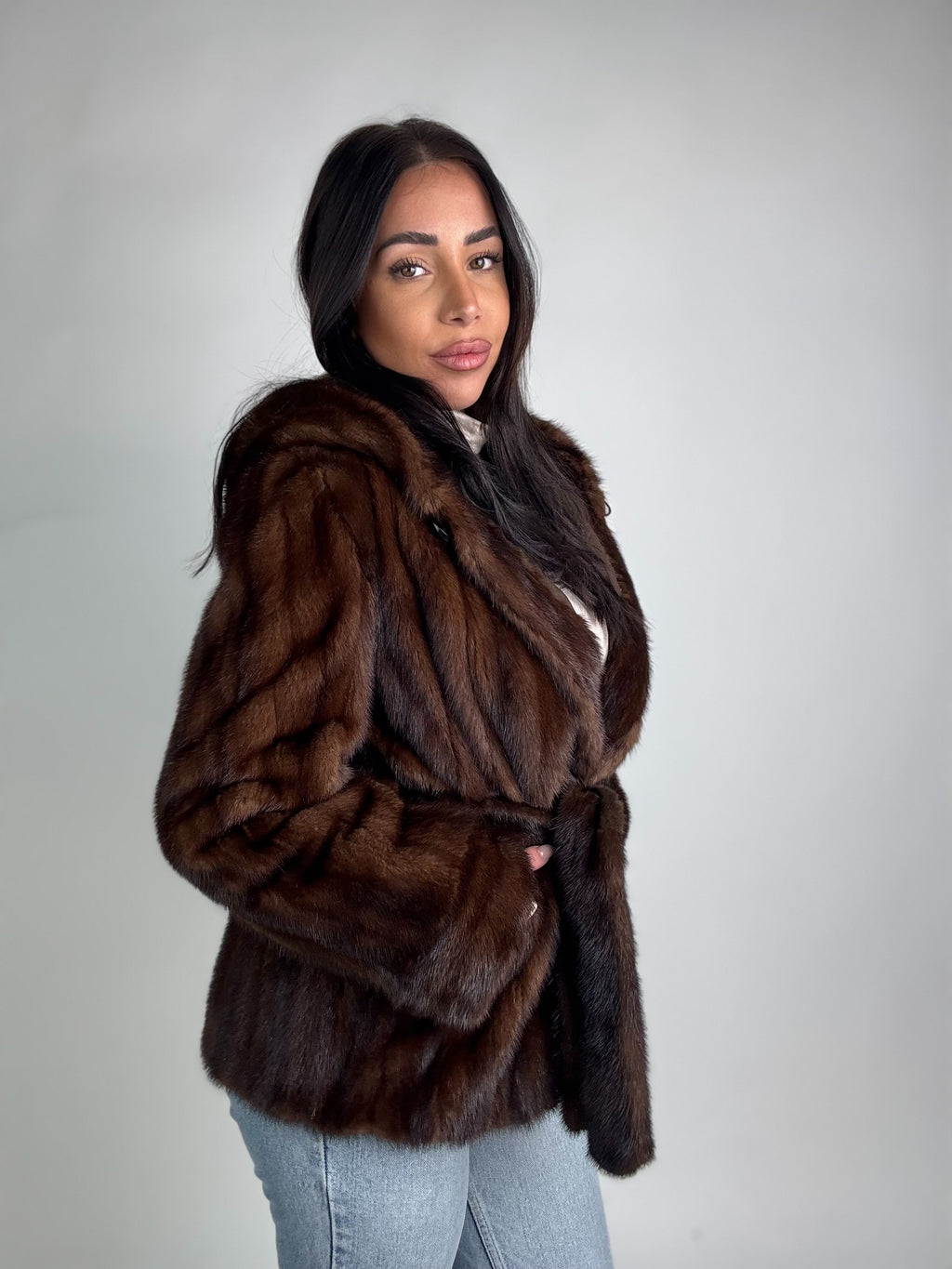 Mink jacket with belt and hood
