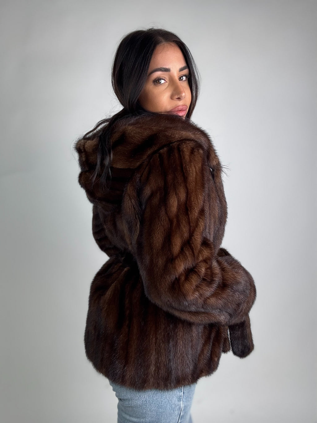 Mink jacket with belt and hood