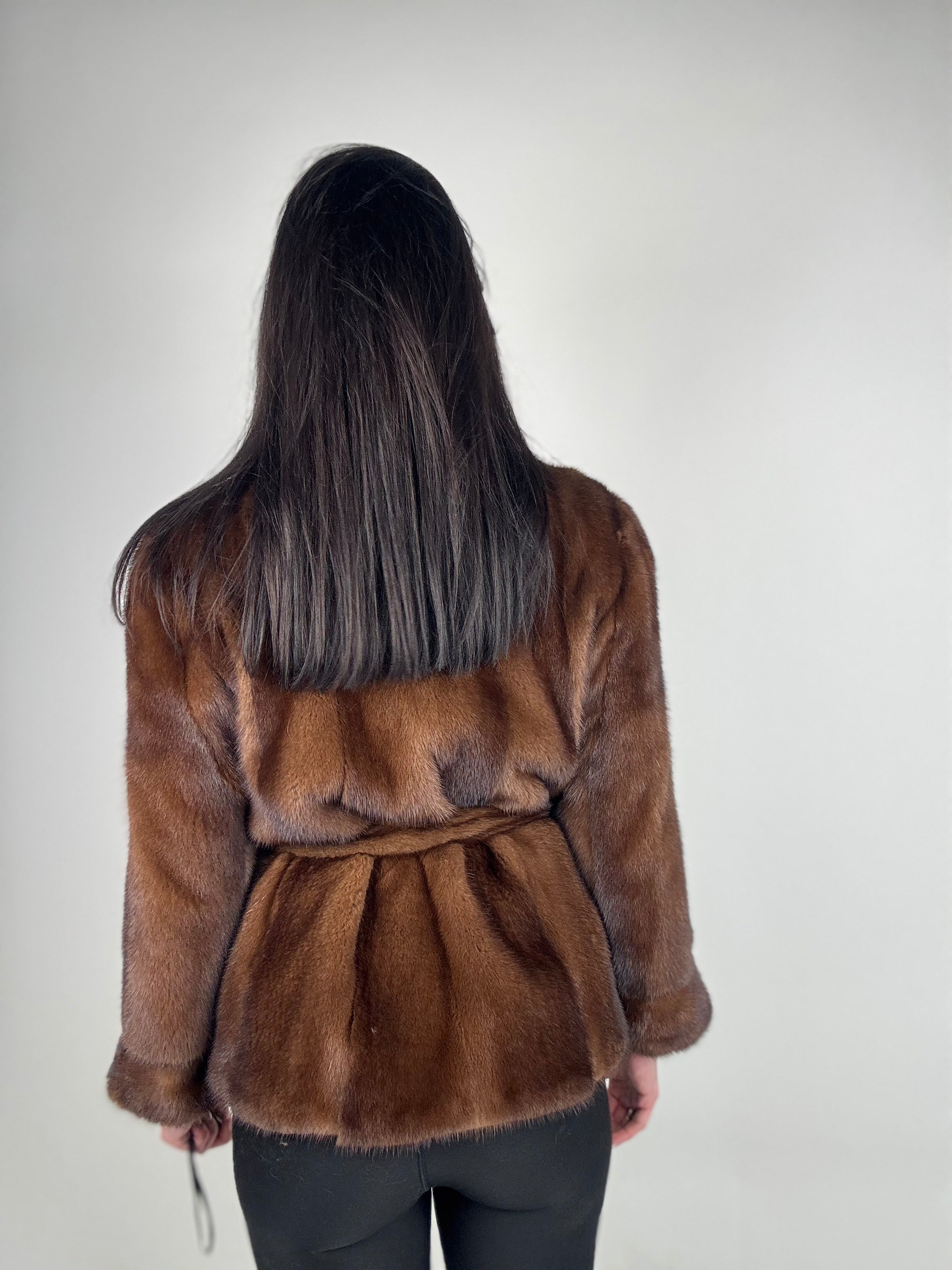 Mink jacket with belt and hood