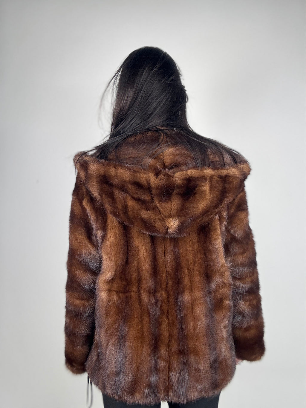Mink jacket with belt and hood