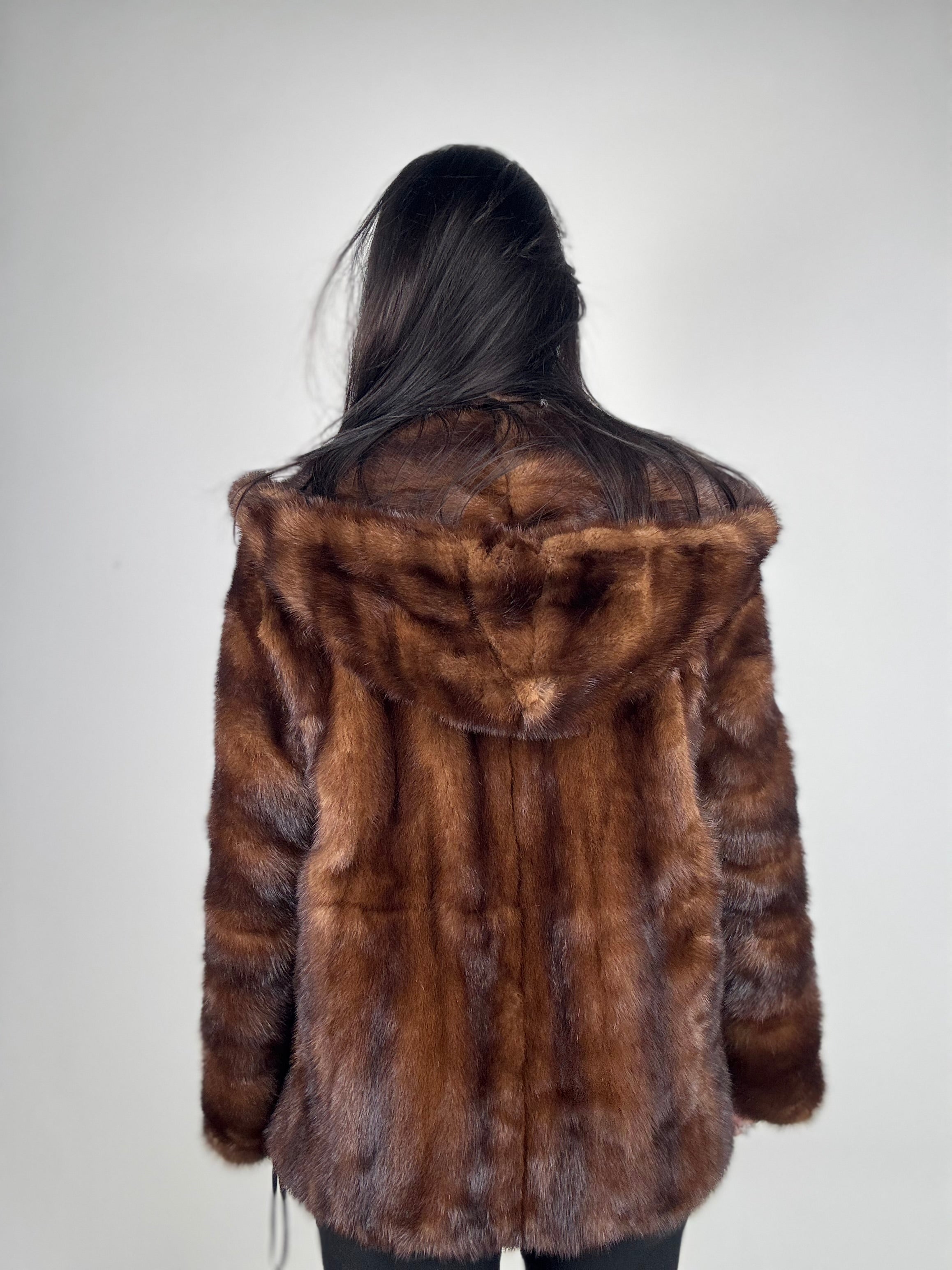 Mink jacket with belt and hood
