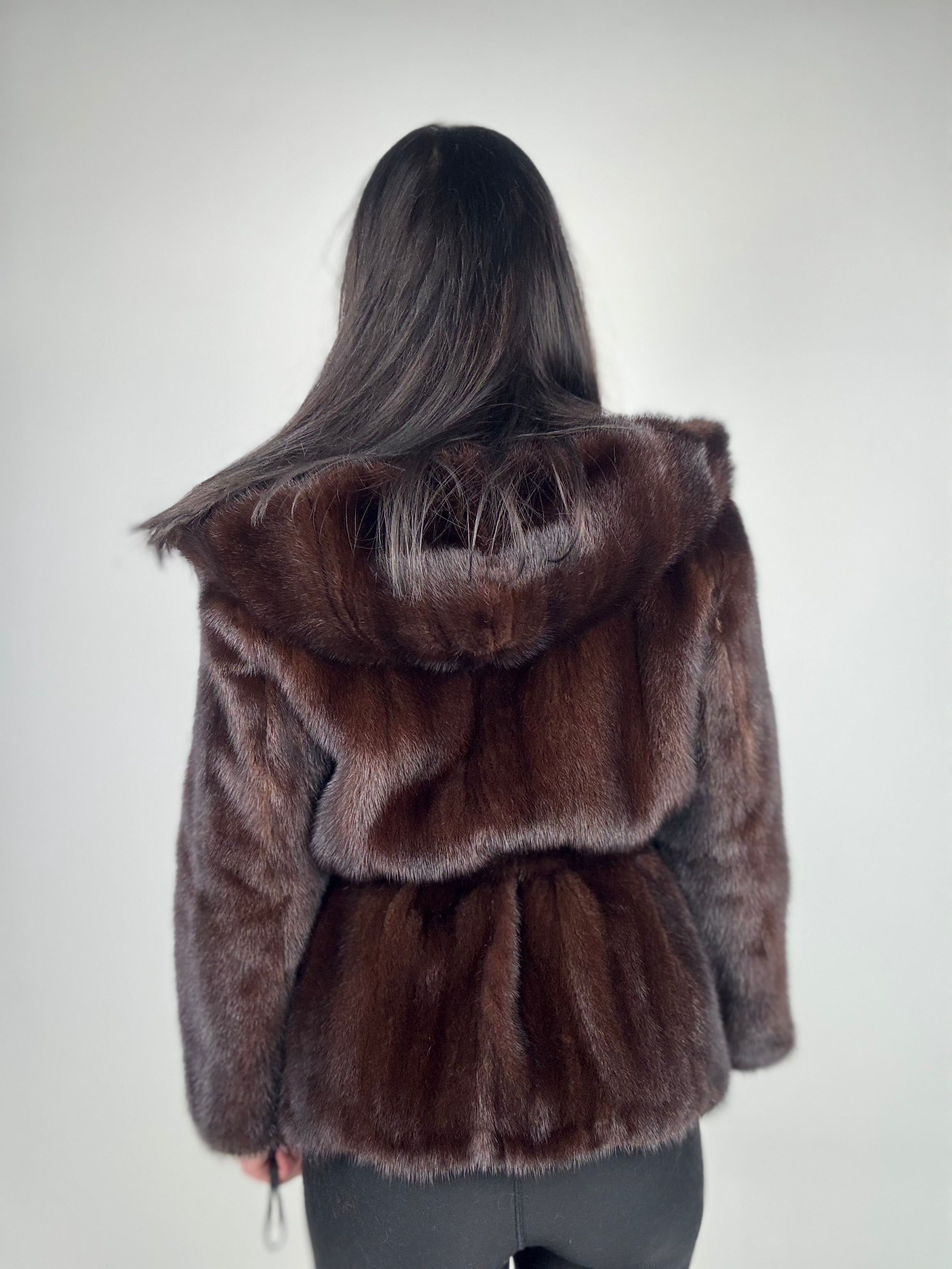 Mink jacket with belt and hood