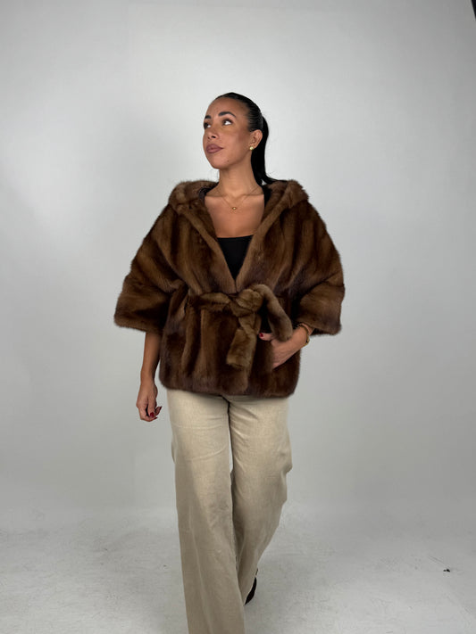 Mink jacket with belt and hood