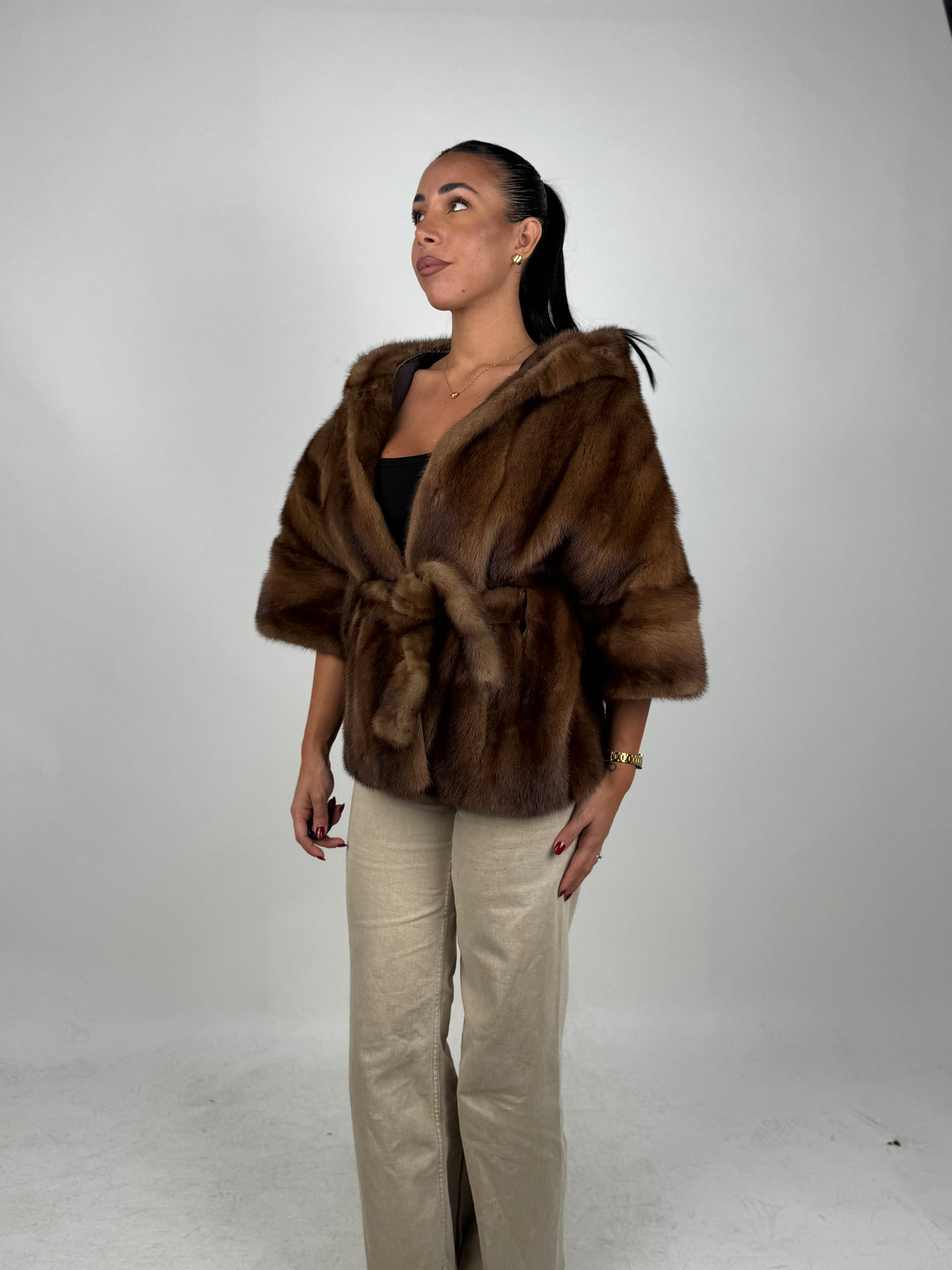 Mink jacket with belt and hood