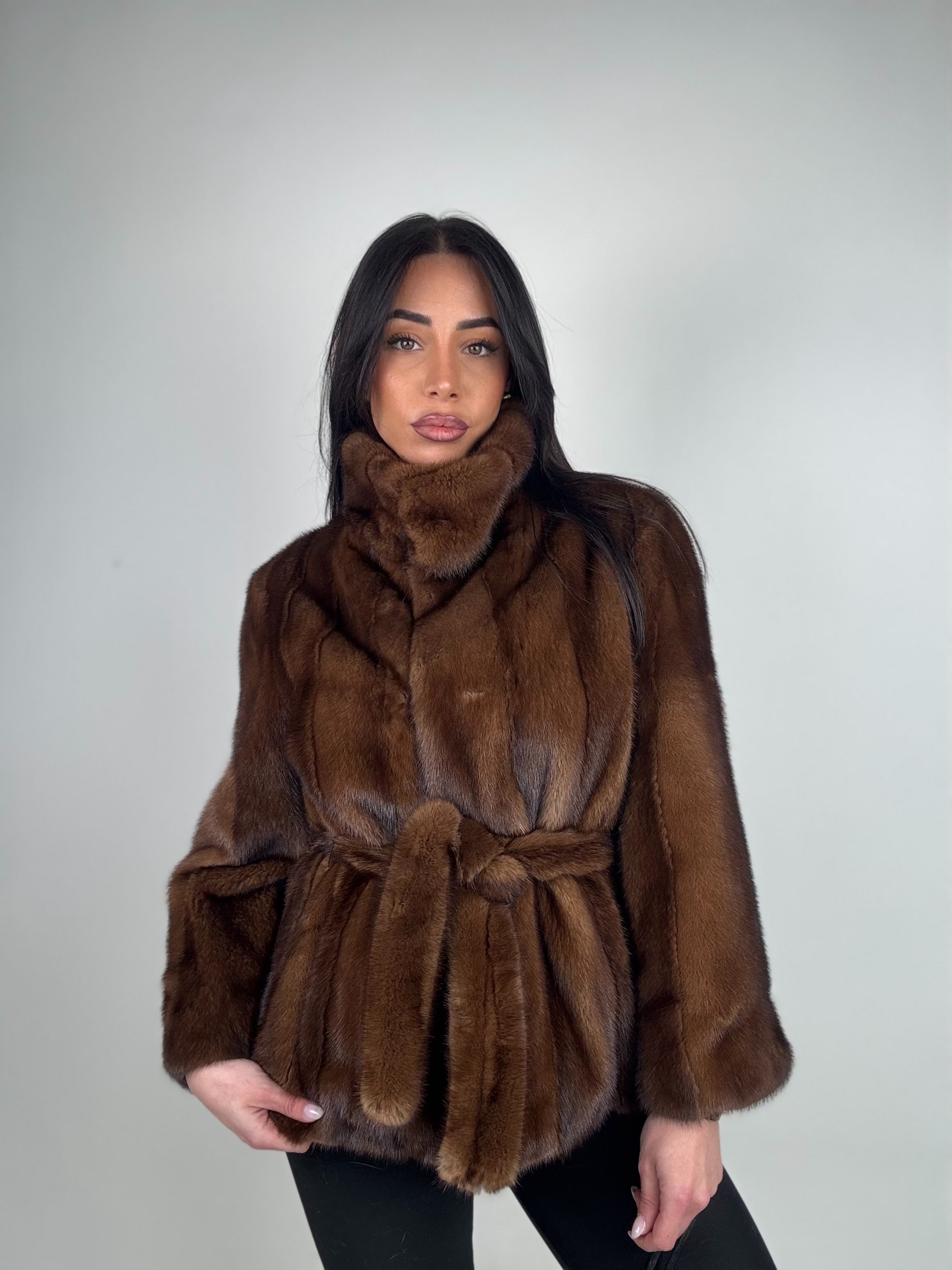 Mink jacket with belt and hood