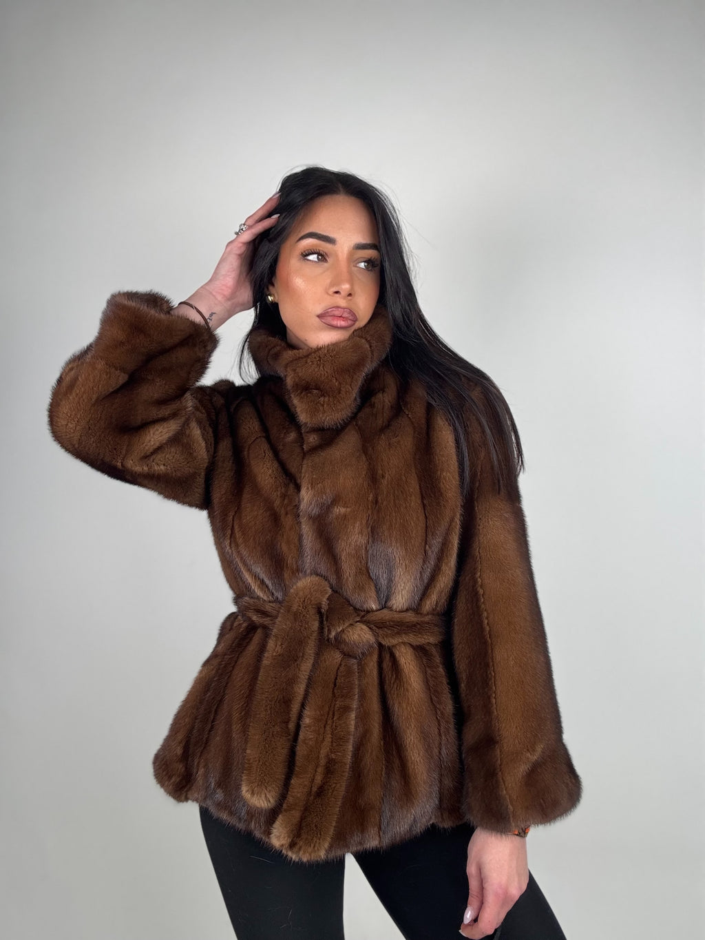 Mink jacket with belt and hood
