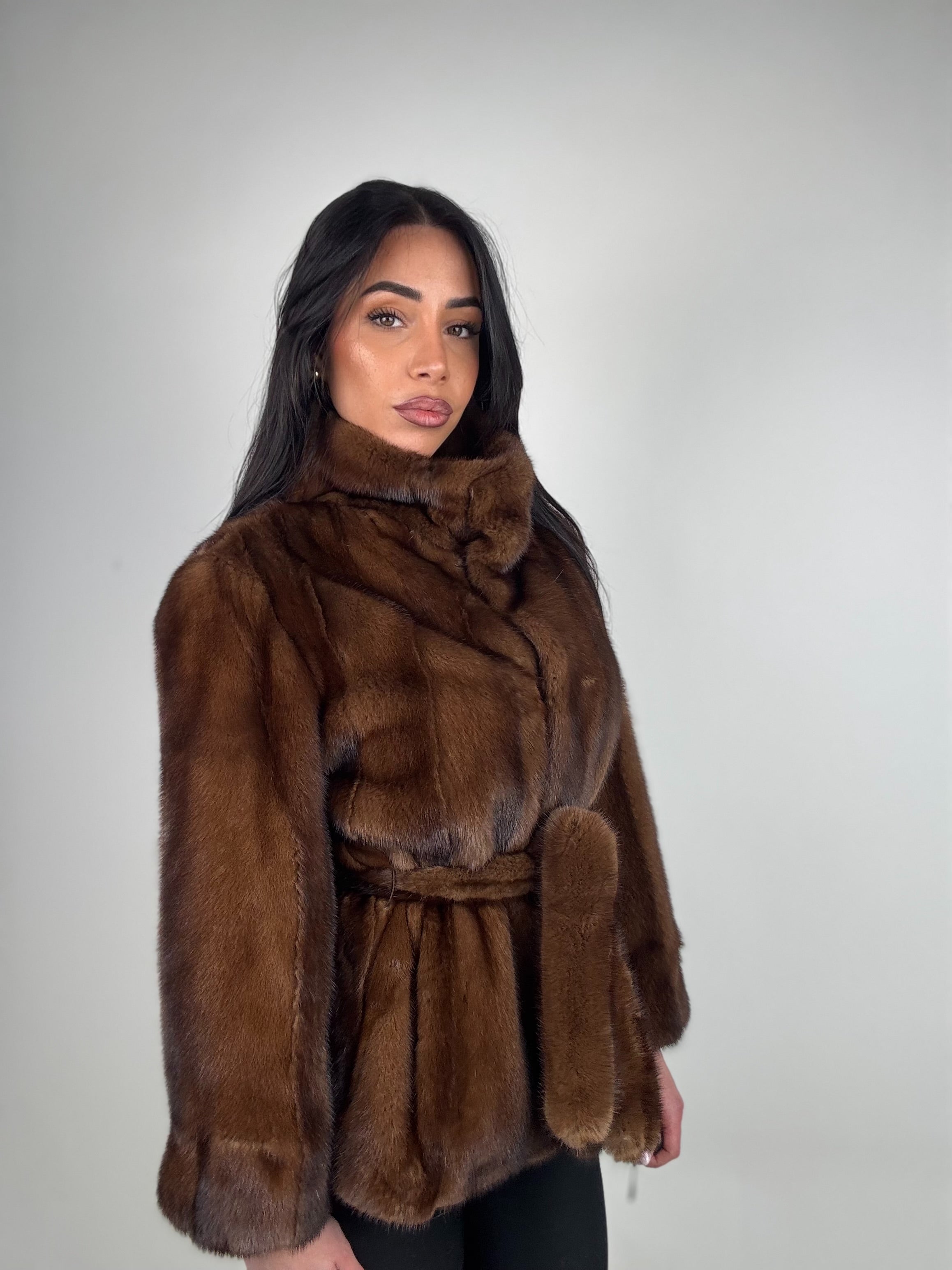 Mink jacket with belt and hood