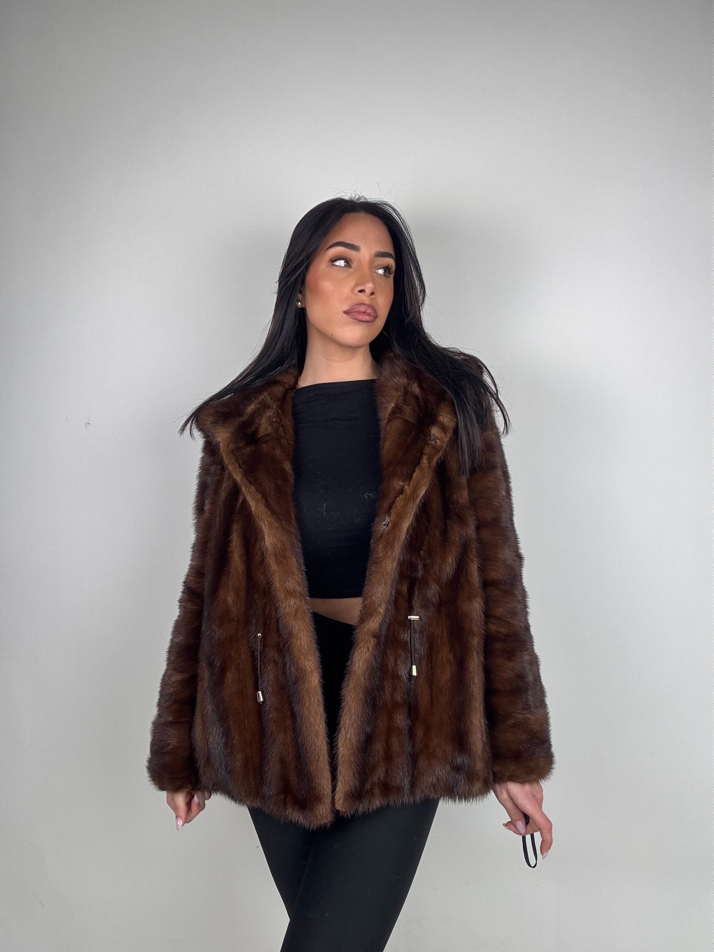 Mink jacket with belt and hood