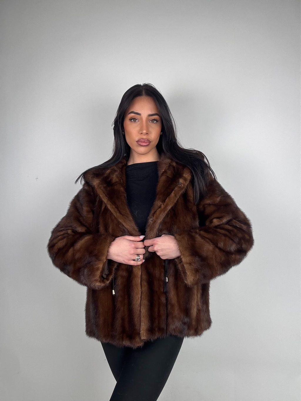 Mink jacket with belt and hood