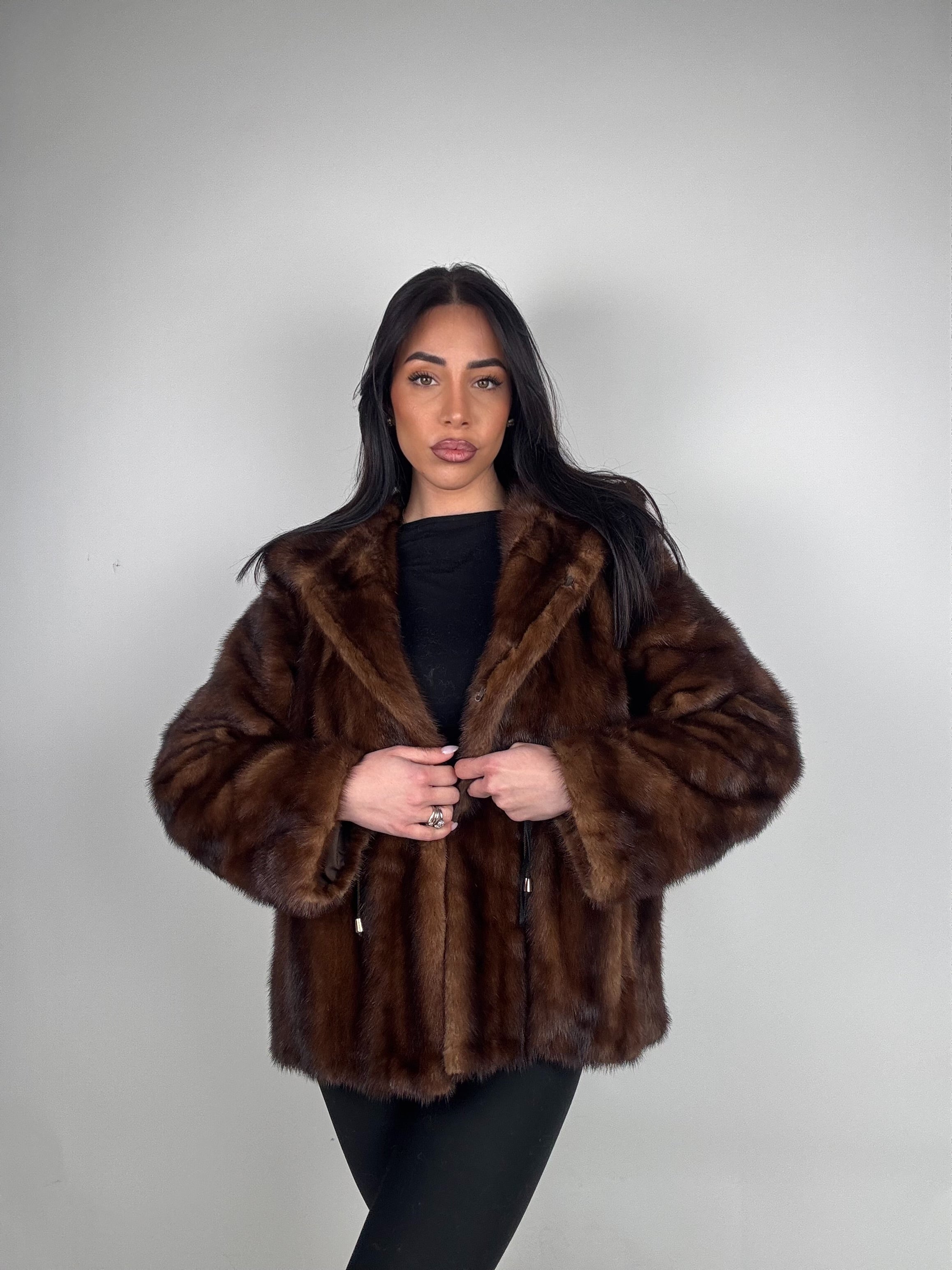 Mink jacket with belt and hood