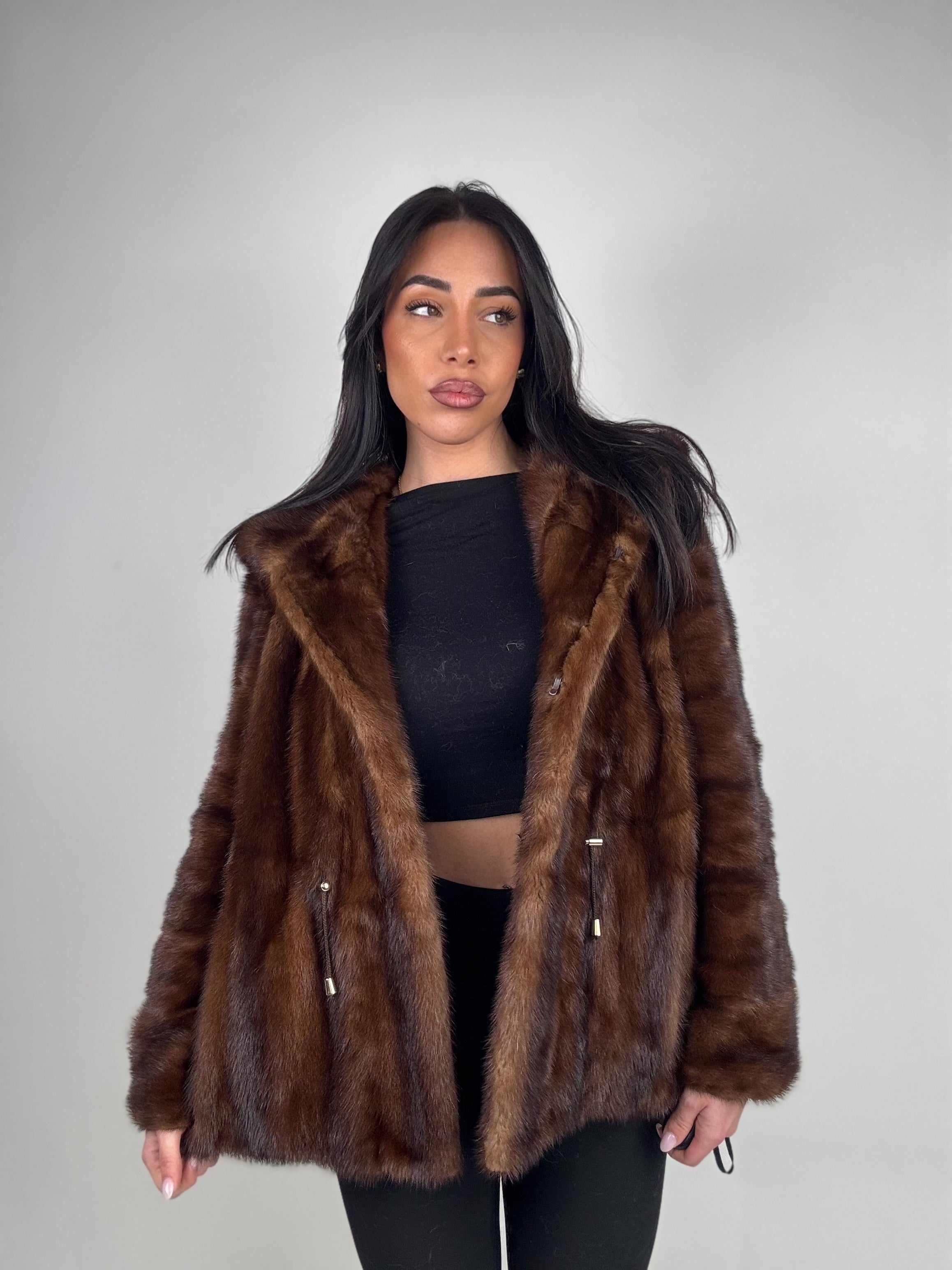 Mink jacket with belt and hood