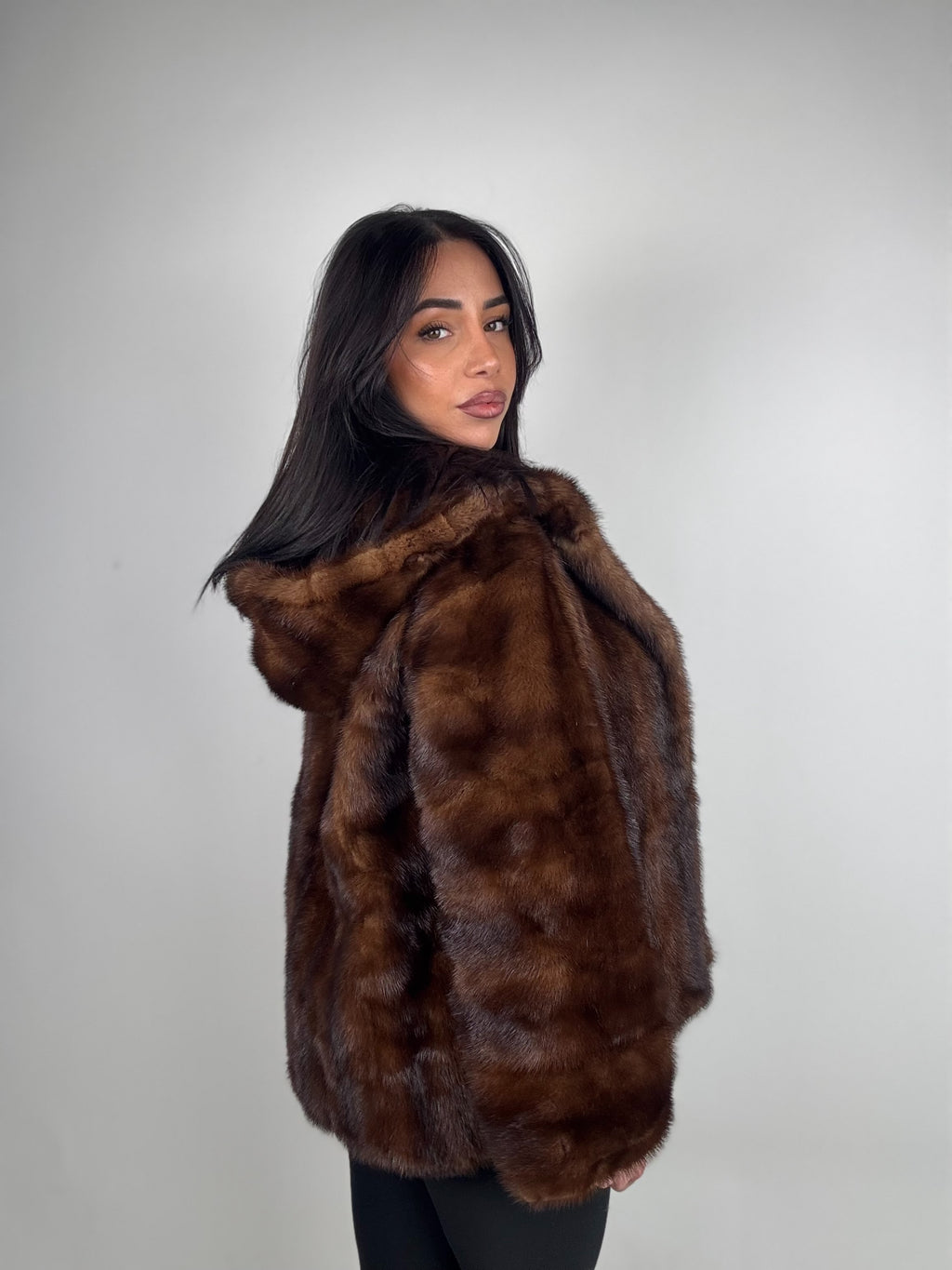 Mink jacket with belt and hood