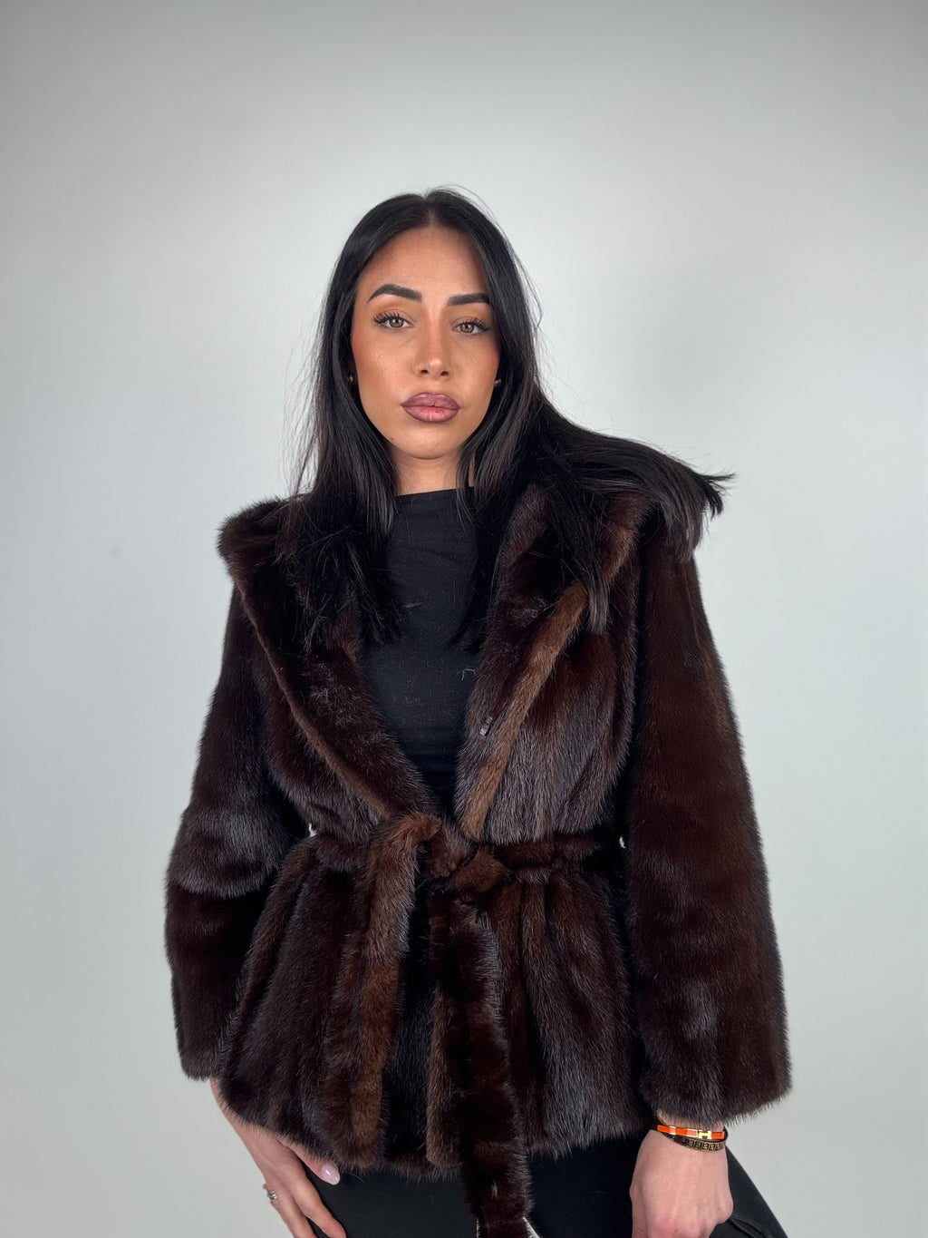 Mink jacket with belt and hood